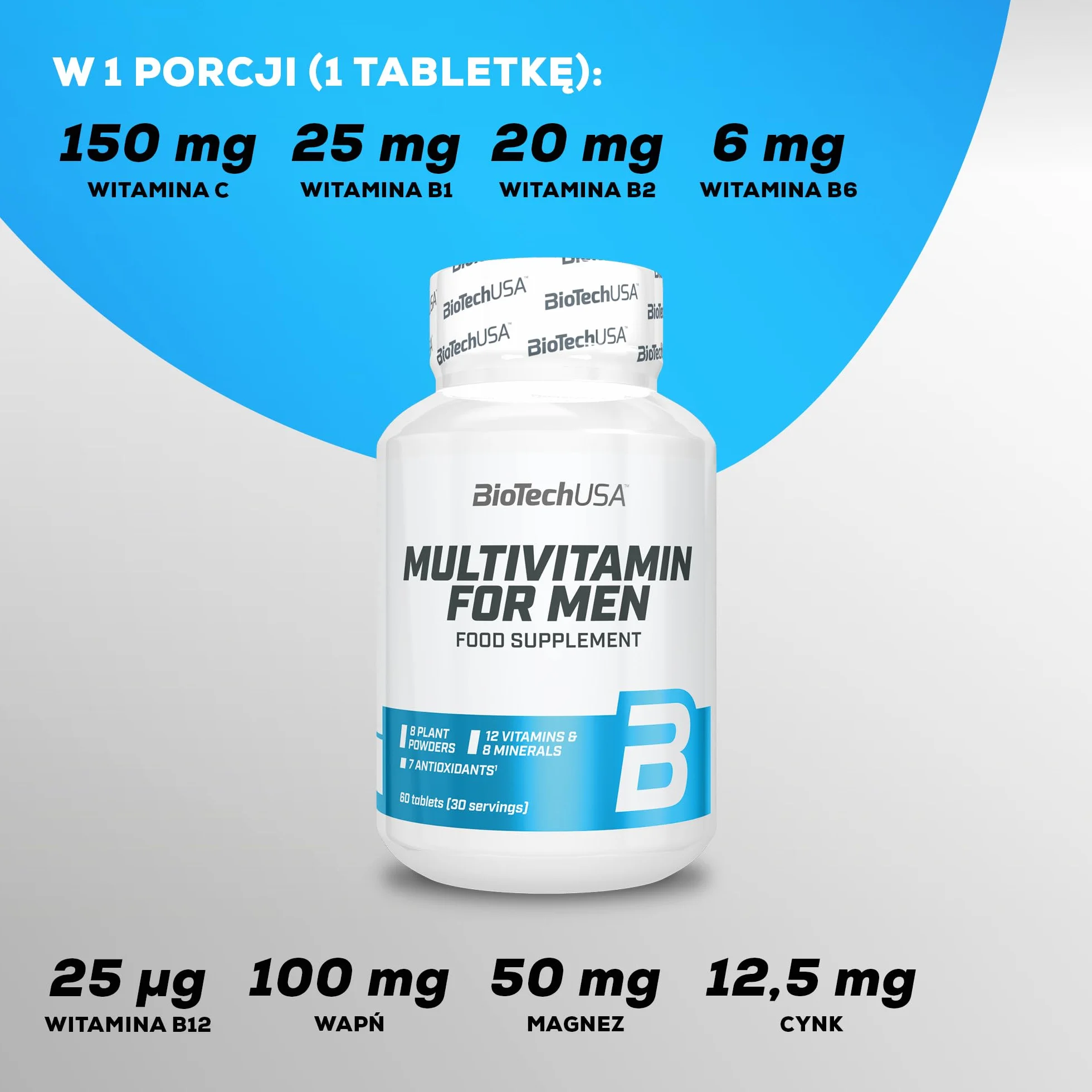 BioTechUSA Multivitamin For Men - kompleksowe wsparcie dla aktywnych mężczyzn | 38 substancji aktywnych | energia, wsparcie odporności i mięśni | ochrona antyoksydacyjna, 60 tabletek