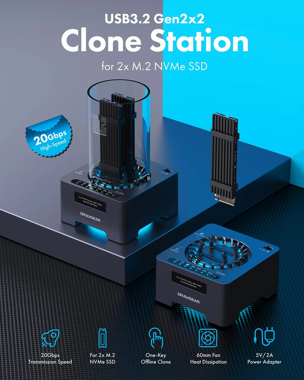GRAUGEAR Stacja dokująca M2 NVMe SSD Clone-Station do 2x M.2 PCIe SSD 22100/2280/2260/2242/2230 M-Key USB 3.2 Gen2x2 20 Gbit/s