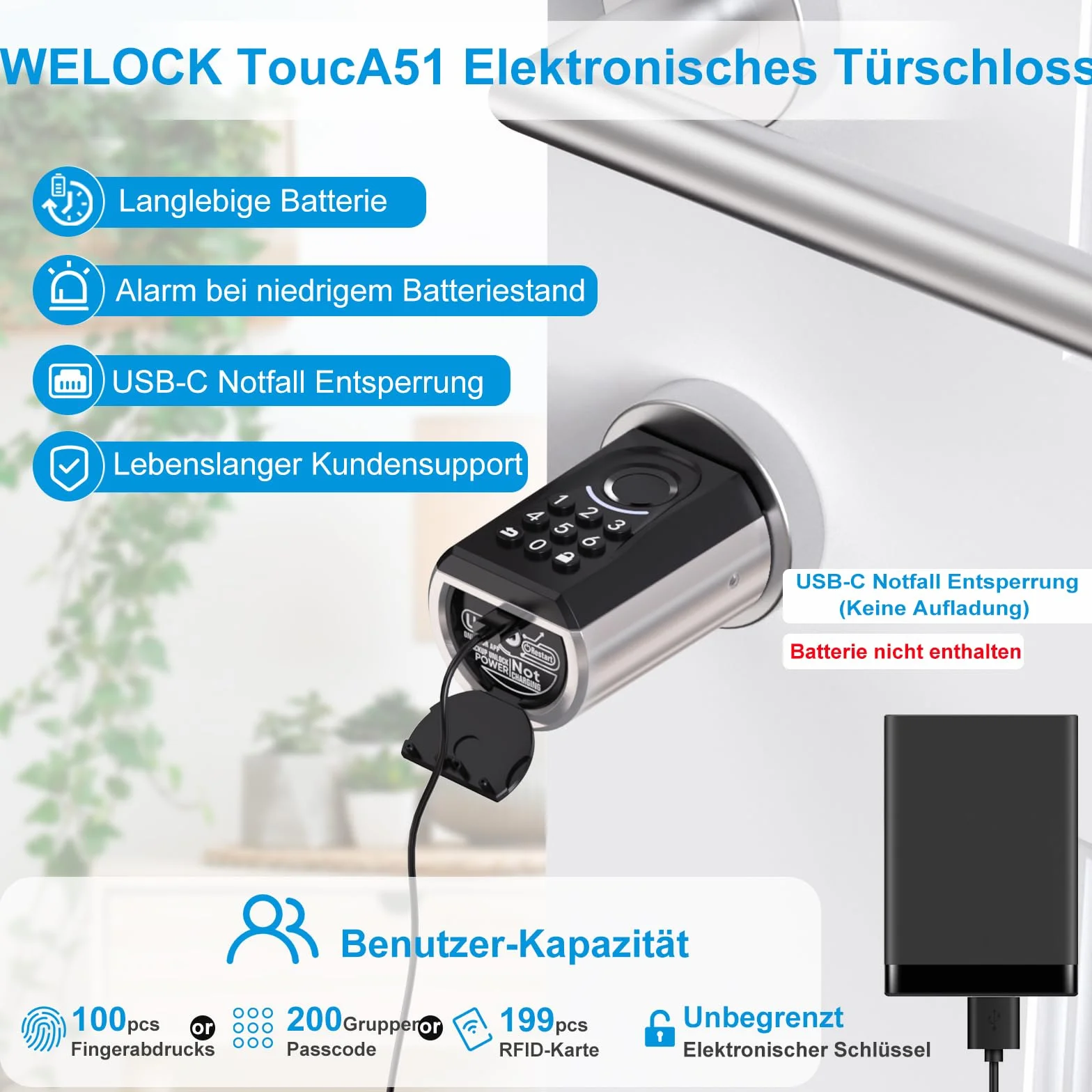 WELOCK ToucA51 Elektroniczny Zamek do Drzwi, Odcisk Palca, Kod, RFID, Aplikacja, 30-70 mm