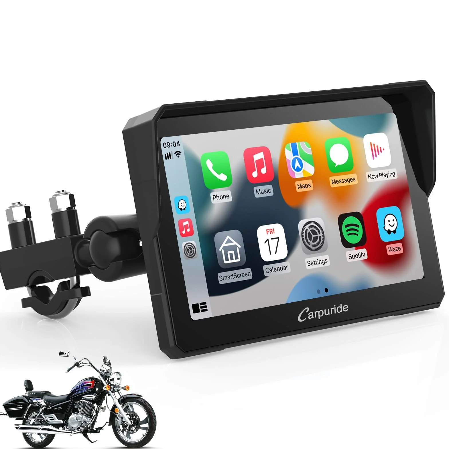 Carpuride W702 Motocyklowy ekran Carplay, bezprzewodowy CarPlay i Android Auto, wodoodporny ekran dotykowy 17.8 cm, podwójny Bluetooth, nawigacja, Siri.