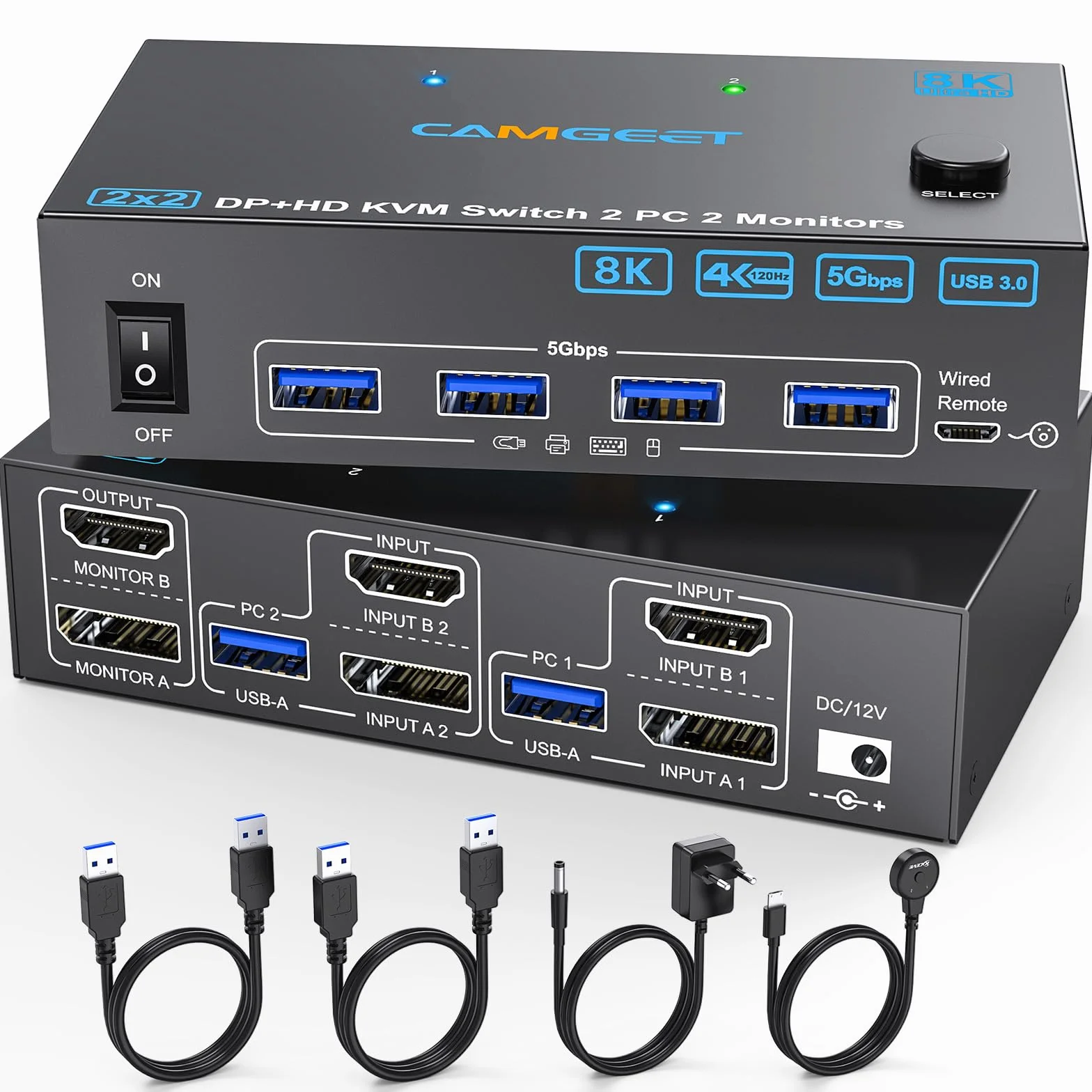 4K@144Hz Przełącznik KVM HDMI Displayport 2 monitory 2 komputery, przełącznik KVM USB 3.0 Dual Monitor do 2 komputerów, 2 monitorów i 4 portów USB 3.0. z kablami USB, adapterem przewodowym pilotem