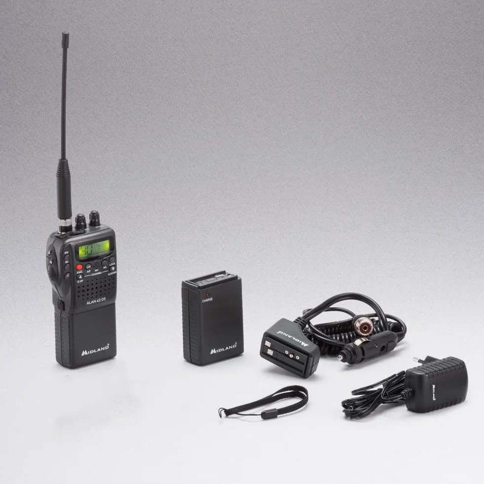 Midland Alan 42 DS Powerbundle CB Multi Band AM/FM CB urządzenie radiowe i akumulator litowy przełączane na każdą europejską. Norma krajowa, 2-biegunowe gniazdo akcesoriów, cyfrowa blokada szumów,