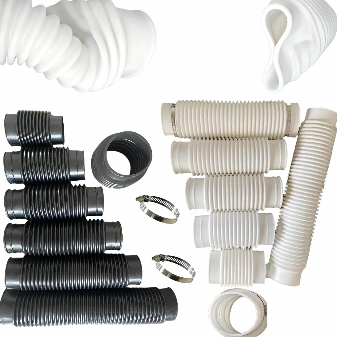 Ø 50 mm, Ø 75 mm, Ø 110 mm, Ø 120 mm, Ø 160 mm, Ø 315 mm, falisty wąż gumowy, rura odpływowa PCW, przyłącze wody deszczowej z dwoma obejmami (biały silikon, interfejs I.D. 150 mm, długość 350