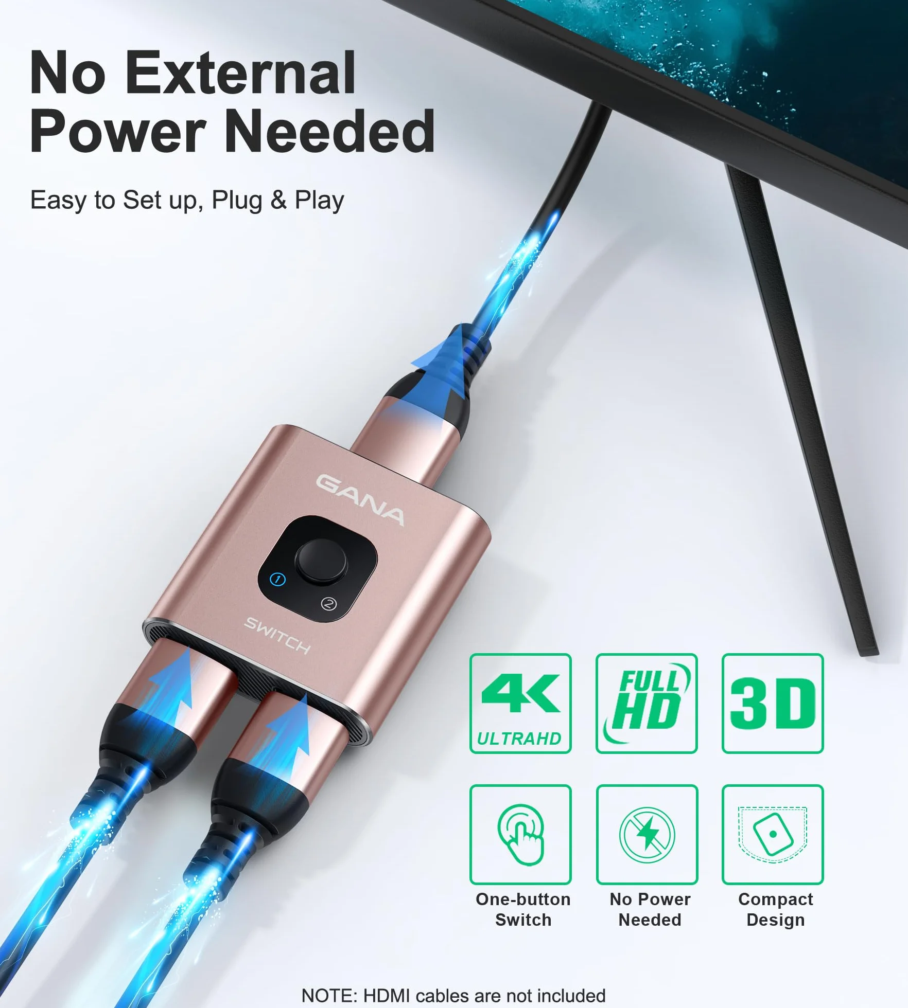 GANA Dwukierunkowy rozdzielacz HDMI Switch 4K 2 wejścia 1 wyjście aluminiowy przełącznik HDMI 4K 3D 1080P różowy