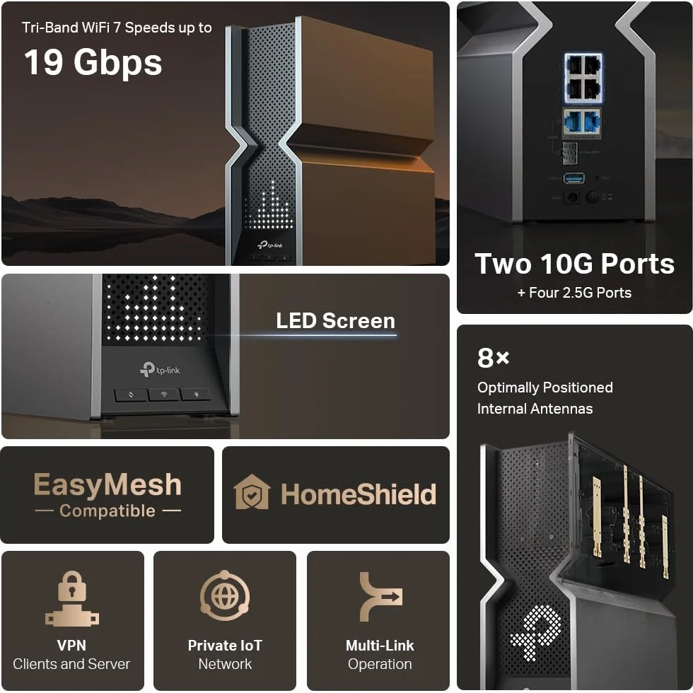 TP‑Link Archer BE800 Router, Tri‑Band Wi‑Fi 7 BE19000, 2×10 Gb/s + 4×2,5 Gb/s, USB 3.0, 8 anten, MLO, 320 MHz, EasyMesh, HomeShield
