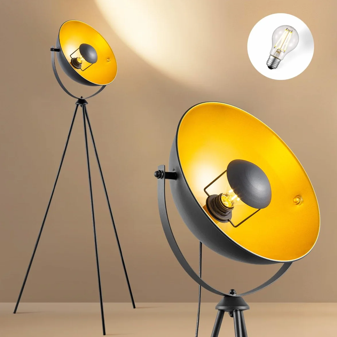 kolekcja home sweet home lampa do salonu w kolorze czarnym i złotym, lampa podłogowa na statywie, gniazdo E27, lampa podłogowa retro, 160 cm, obrotowy klosz metal | do sypialni biurowej