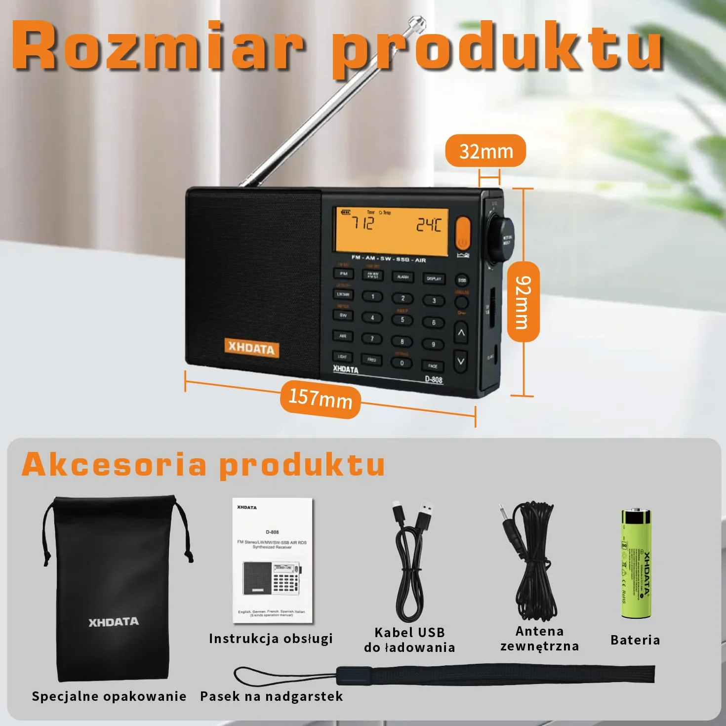XHDATA D808 Przenośne radio cyfrowe FM Stereo MW SW LW SSB Airwave World Receiver RDS