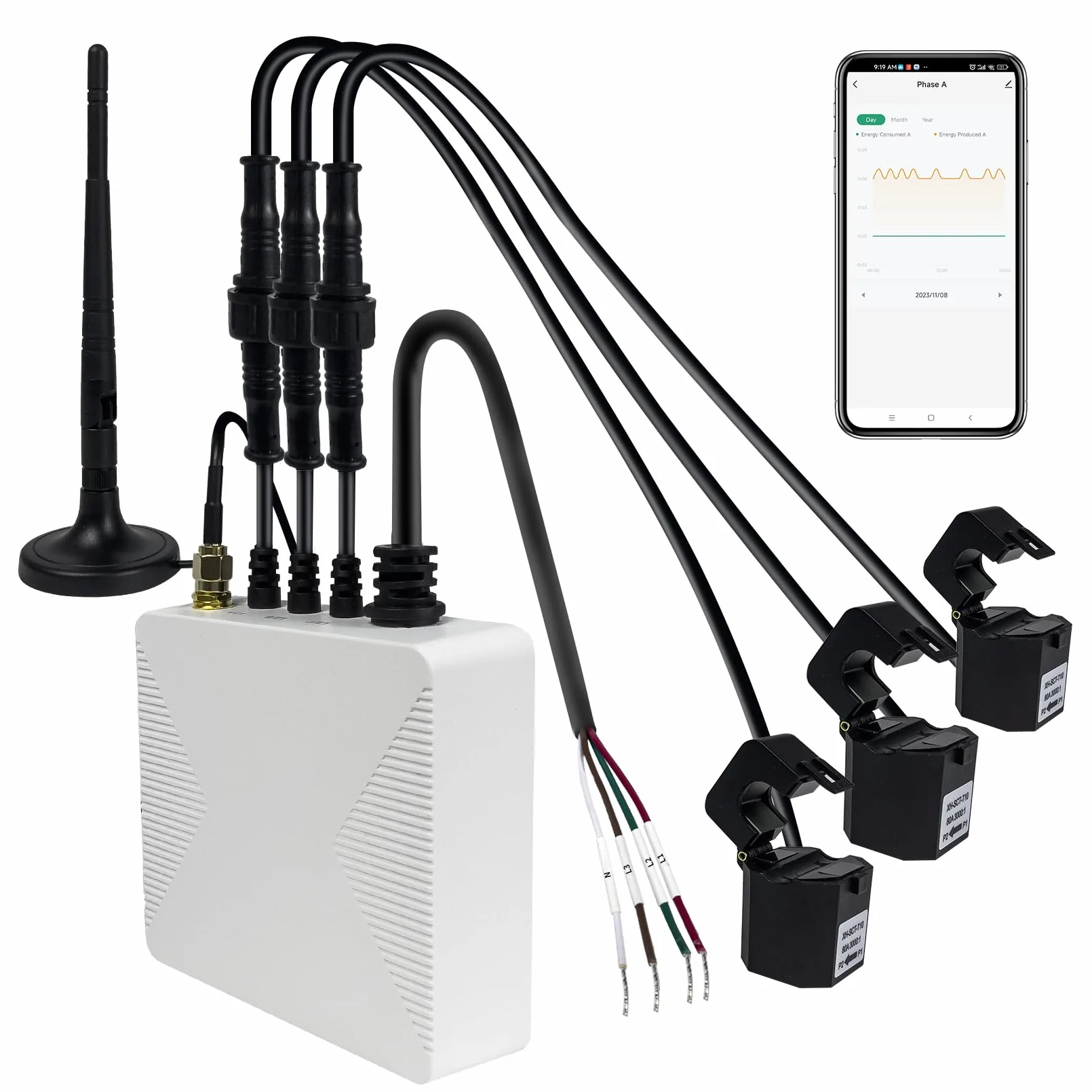 OWON 3-fazowy monitor energii WiFi, inteligentny dom, 3-fazowy miernik zaciskowy z 3 czujnikami poziomu obwodu 120 A, Vue - monitor energii elektrycznej w czasie rzeczywistym/miernik prądu