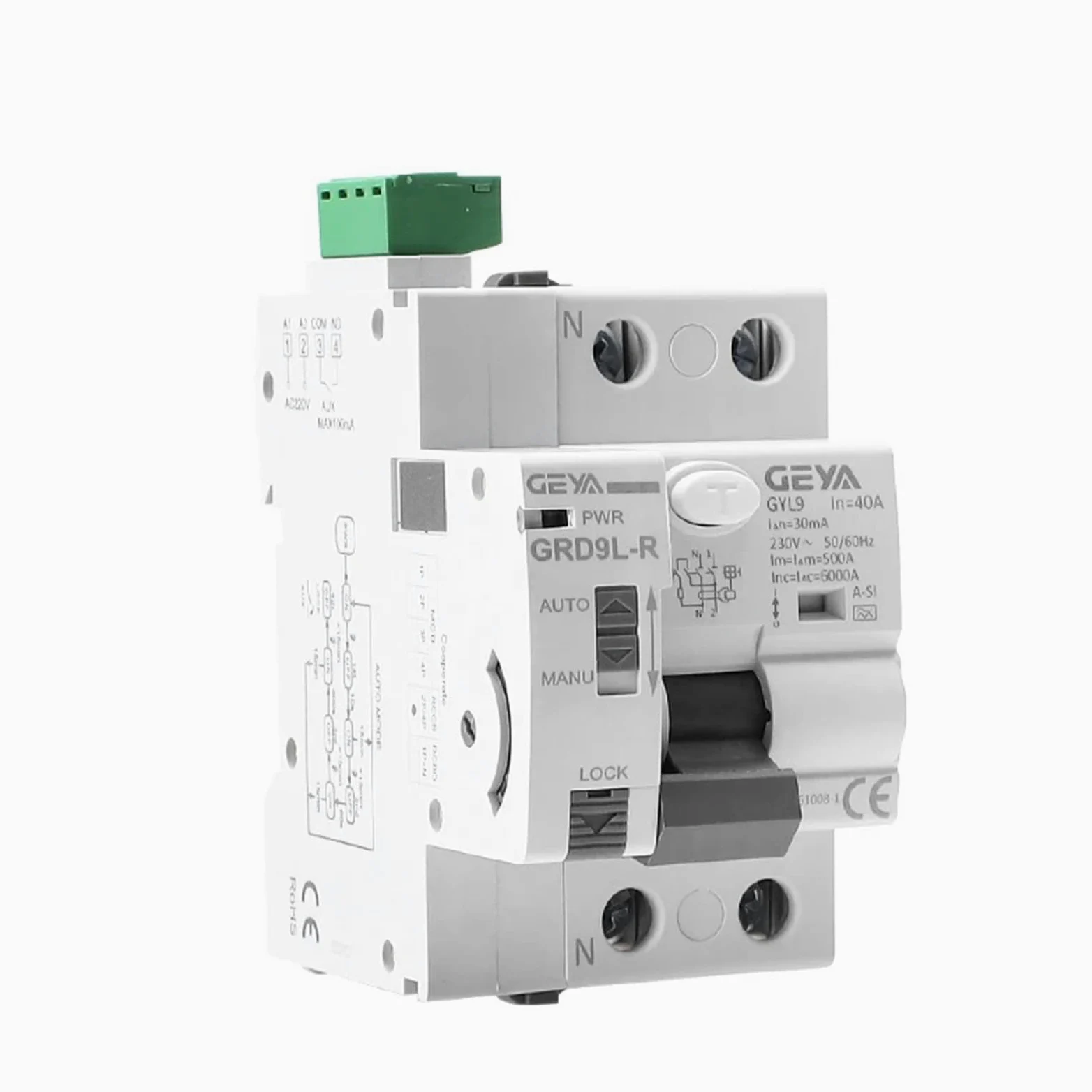 GEYA Automatyczne urządzenie do ponownego włączania, wyłącznik wyciekowy RCD elektromagnetyczny (GRD9L-R AC220V+A-SI typ RCCB 2P-40A-30mA)