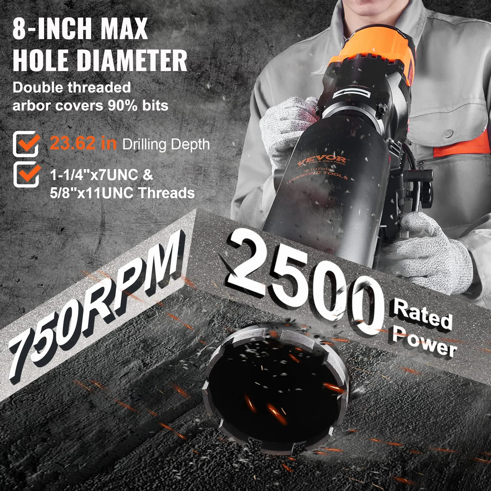 VEVOR Wiertło diamentowe z maksymalnym uchwytem. Maks. średnica 20 cm. Głębokość 60 cm 2500 W, wiertło na mokro i sucho 750 obr./min, do budowy betonu zbrojnego