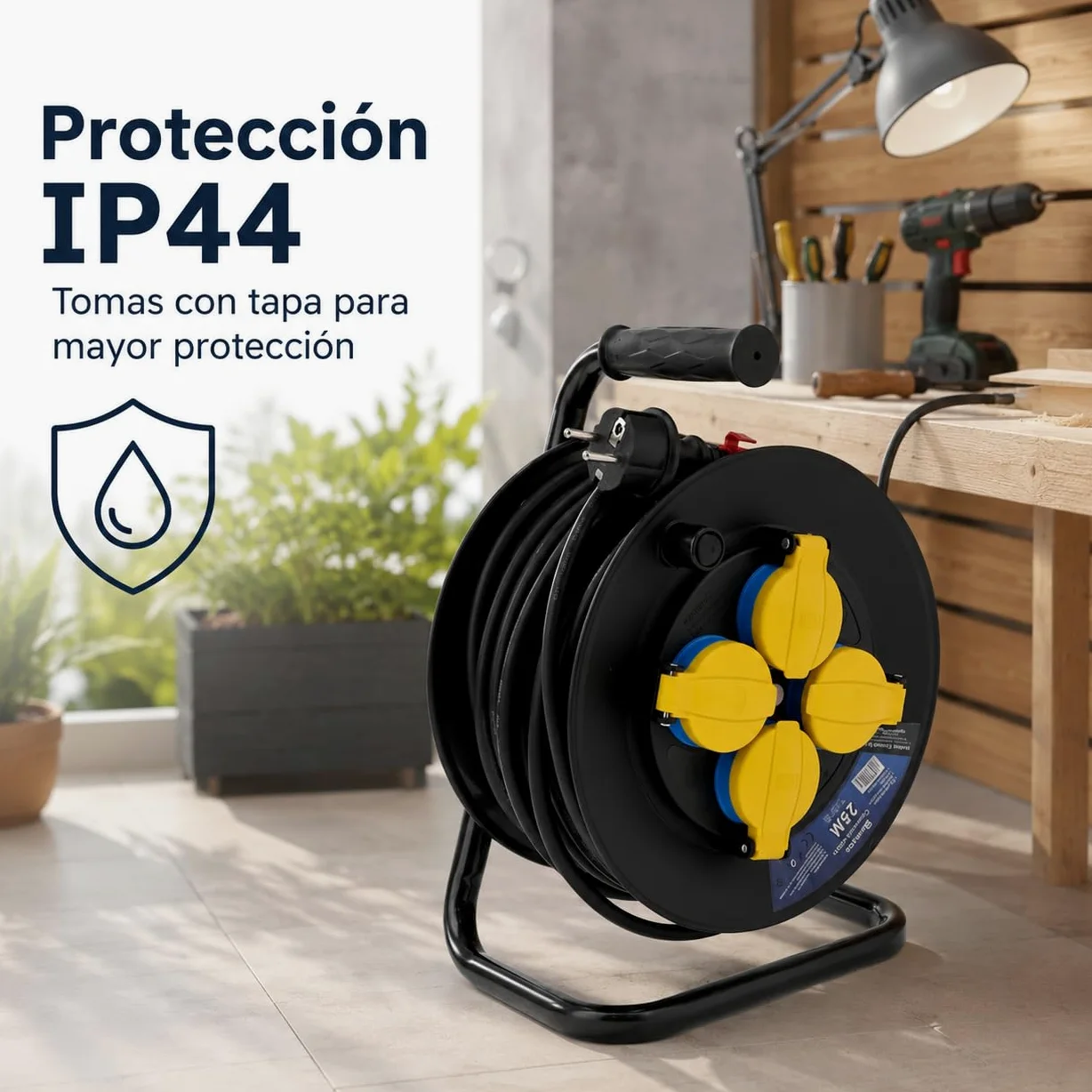 M mimotec - Zewnętrzny zwijacz kabla 25 m IP44 4 gniazda 3200W 16A | Kabel H05RR-F 3G1,5 mm² | Ochrona przed dziećmi | Idealny do ogrodu, na plac budowy i warsztatu