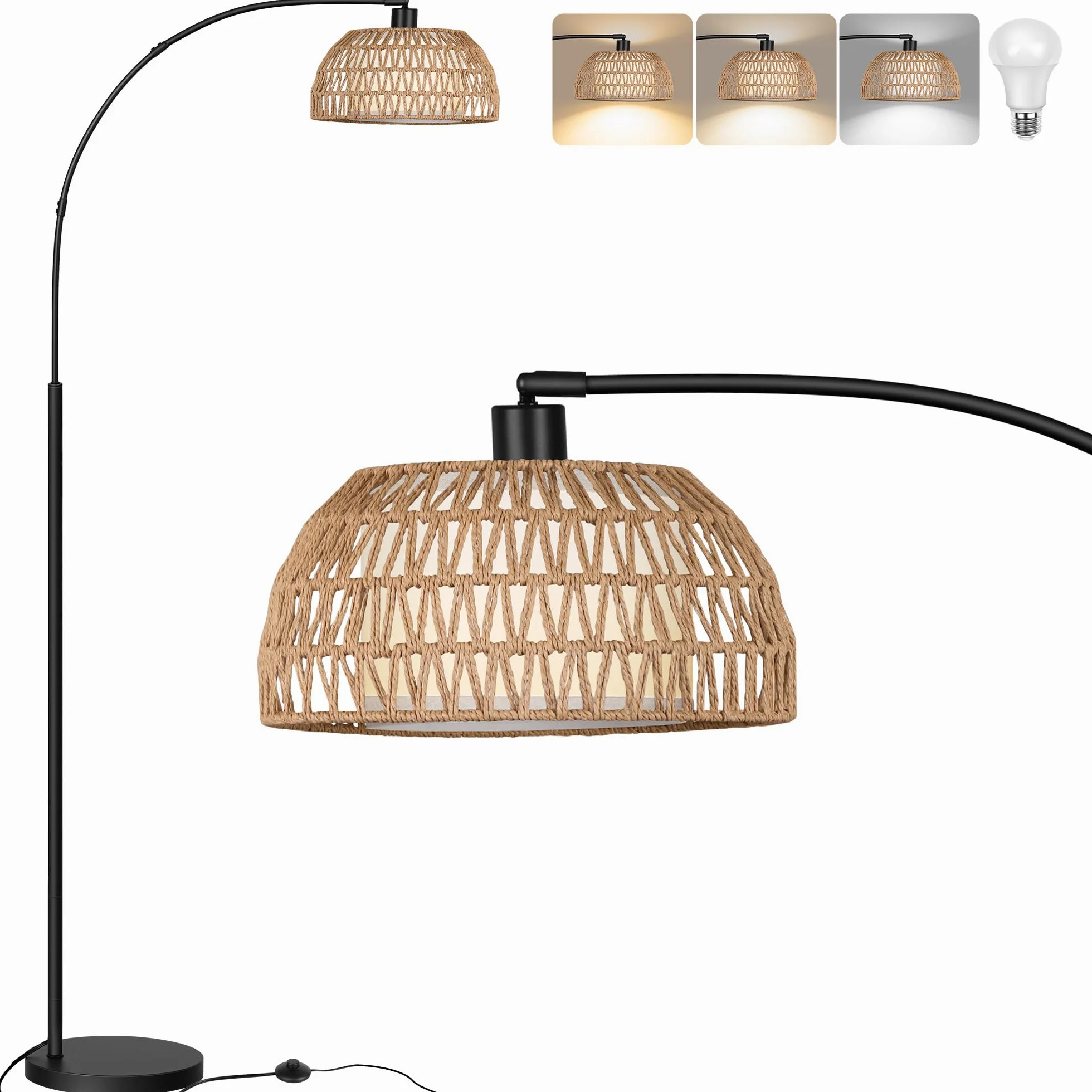 ROTTOGOON Lampa stojąca z rattanu do salonu, 3 temperatury barwowe, ściemniana, 9 W, LED z przełącznikiem nożnym, styl boho, styl dworkowy, lampa stojąca do sypialni, biura, w zestawie z żarówką