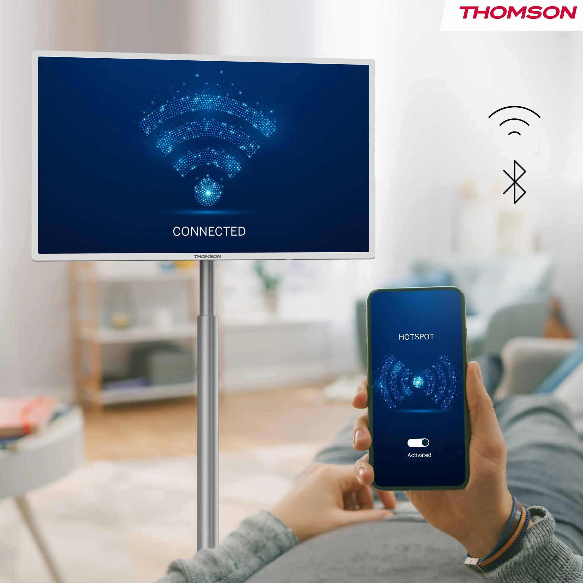 Thomson Go TV 32 cale (81 cm), przenośny telewizor z systemem Android – HD Ready (1366×768), sterowanie głosowe, Bluetooth 5.1, Wi-Fi, funkcja hotspotu, do 4 godzin pracy na baterii