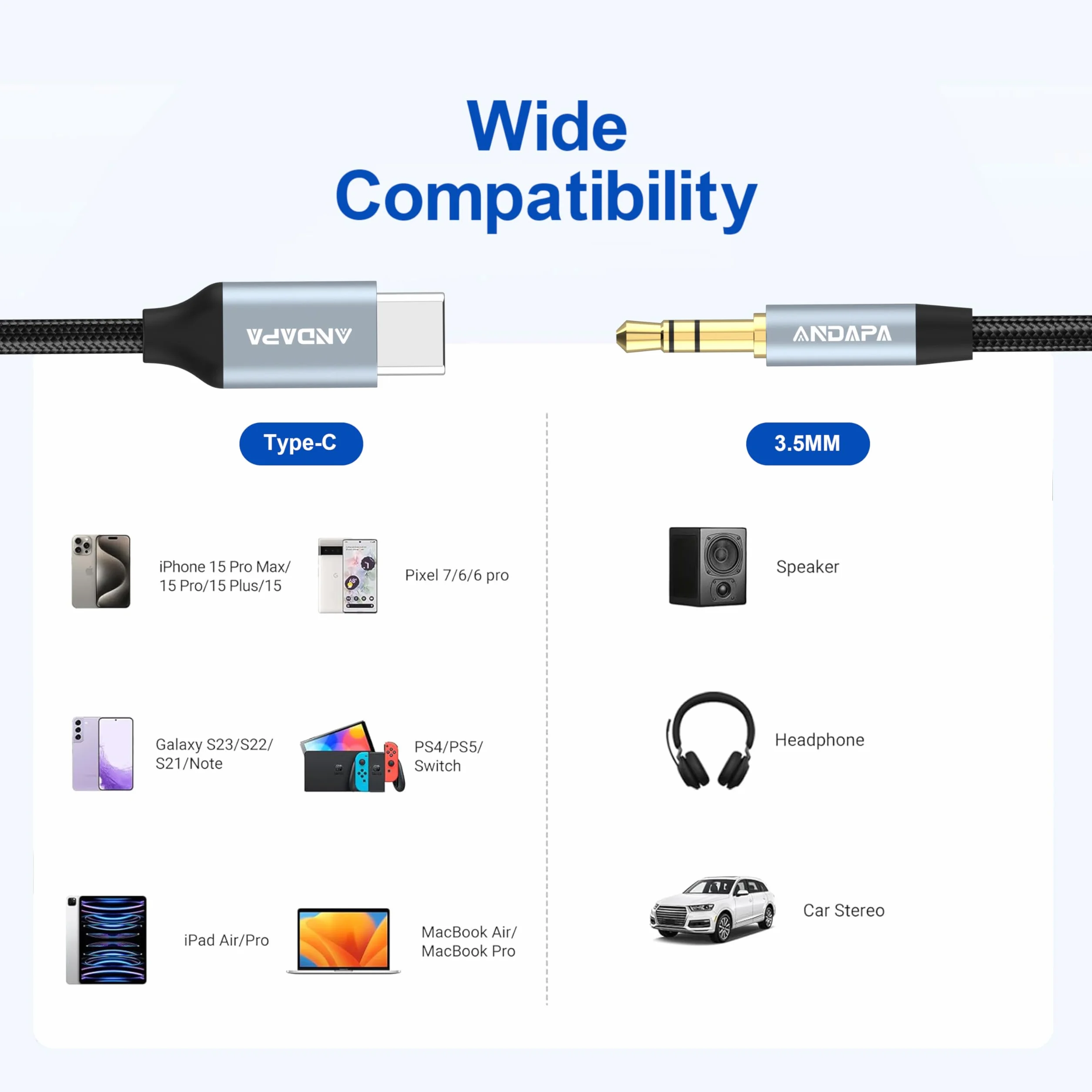 ANDAPA Kabel Audio Aux USB-C na 3,5 mm 1 m Kompatybilny z iPhone 15 Pro Max Plus Samsung S24 S23 S22 S21 Pixel 4 5 XL iPad Pro