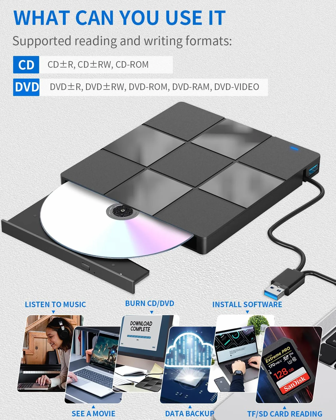 LMEN Zewnętrzna Nagrywarka CD/DVD, Zewnętrzny Napęd CD z USB 3.0 i Type-C, Przenośny Odtwarzacz DVD z Gniazdem kart SD/TF, Kompatybilny z Windows 11/10/8/XP/Linux/Mac OS