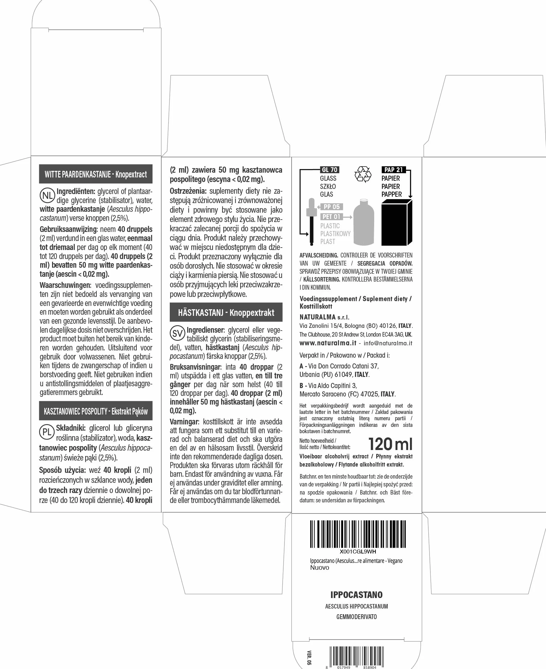 Kasztanowiec pospolity (Aesculus hippocastanum) Bezalkoholowy ekstrakt ze świeżych pączków Naturalma - Płynny ekstrakt w kroplach 120 ml - Suplement diety - Wegański