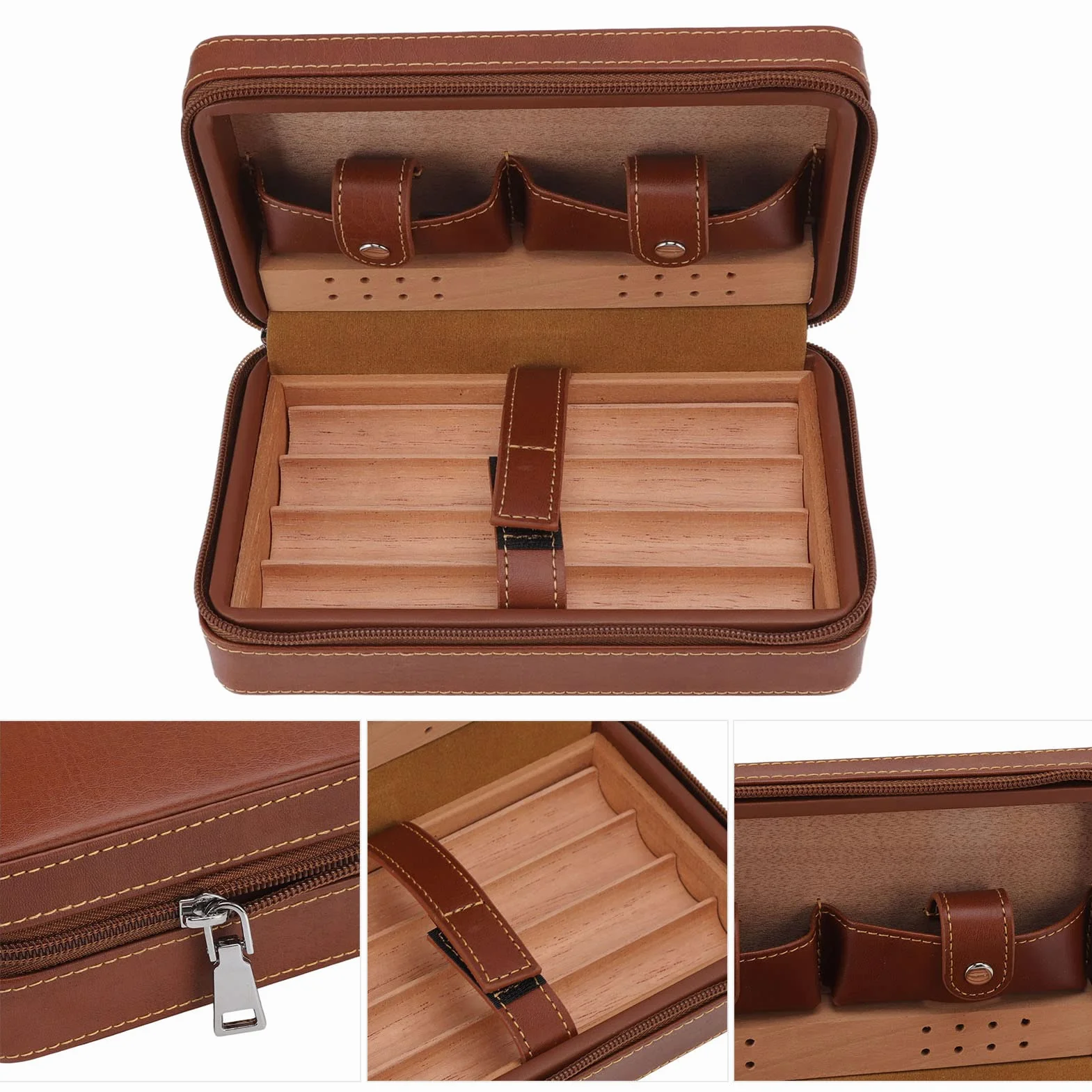 Humidor podróżny na cygara, etui na cygara, humidor na cygara, brązowe, przenośne, z podszewką z drewna cedrowego, nawilżacz powietrza, pudełko na cygara z torbą do przechowywania w podróży