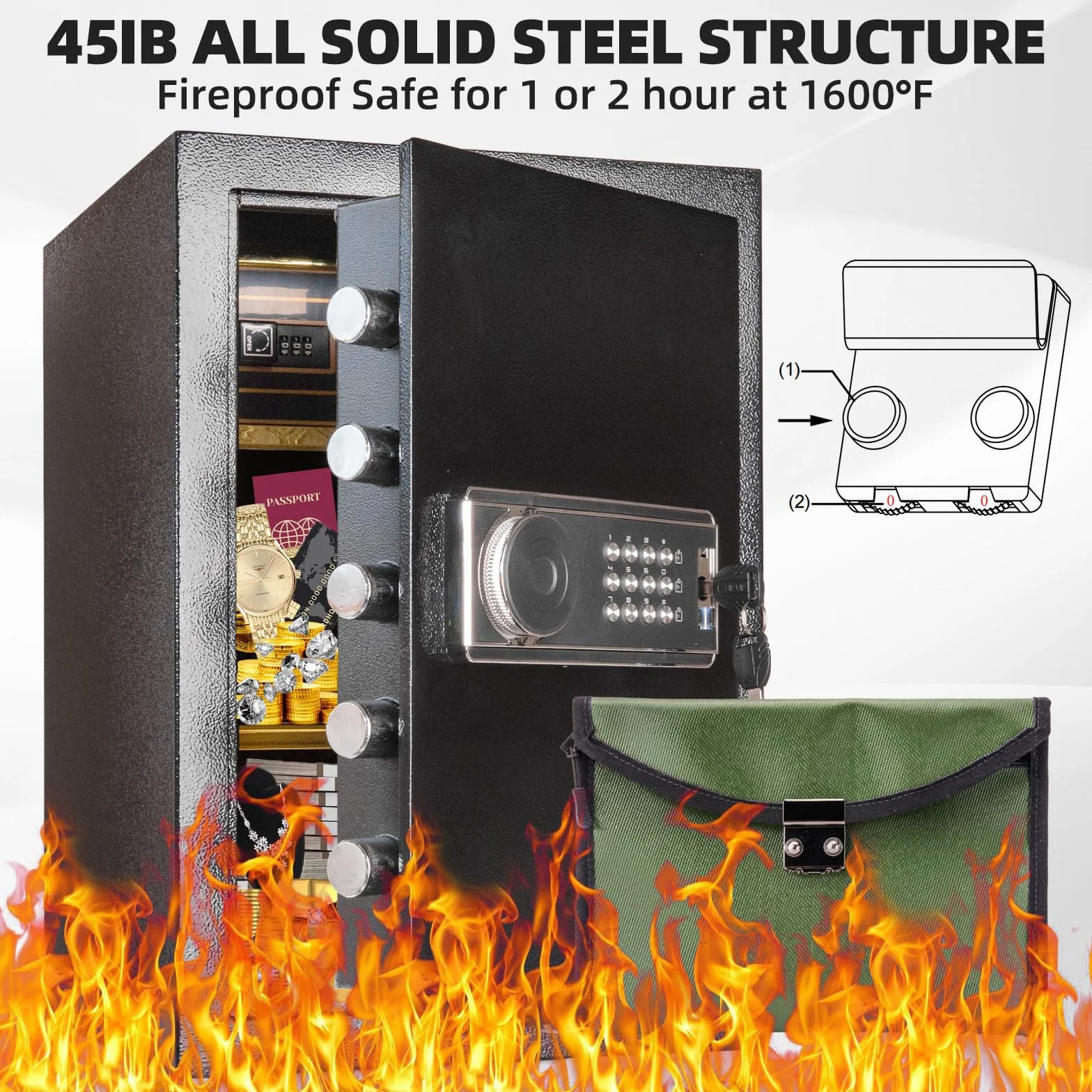 Domowy sejf 70 l, Fireproof Waterproof Security Safe with Digital Keypad and Built in Lock Box, Fireproof Bag with Lock, Fireproof Safe for Home Firearm Medicine Improtant Papers Valuables