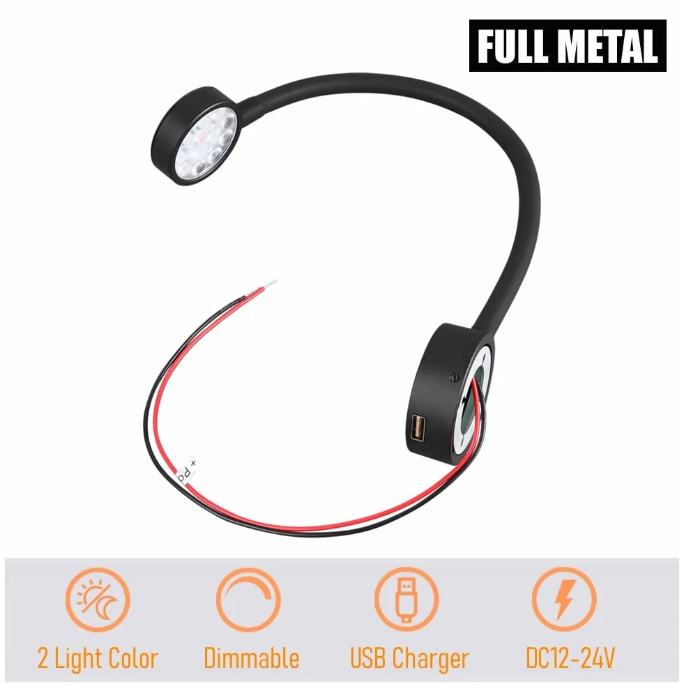 12V Lampa ścienna LED do czytania elastyczna punktowa z ładowarką USB i czerwoną lampką nocną, lampka do czytania przy łóżku do kampera, przyczepy kempingowej, kampera, furgonetki, wbudowany przełącznik ściemniacza DC 12-24V, przewodowa