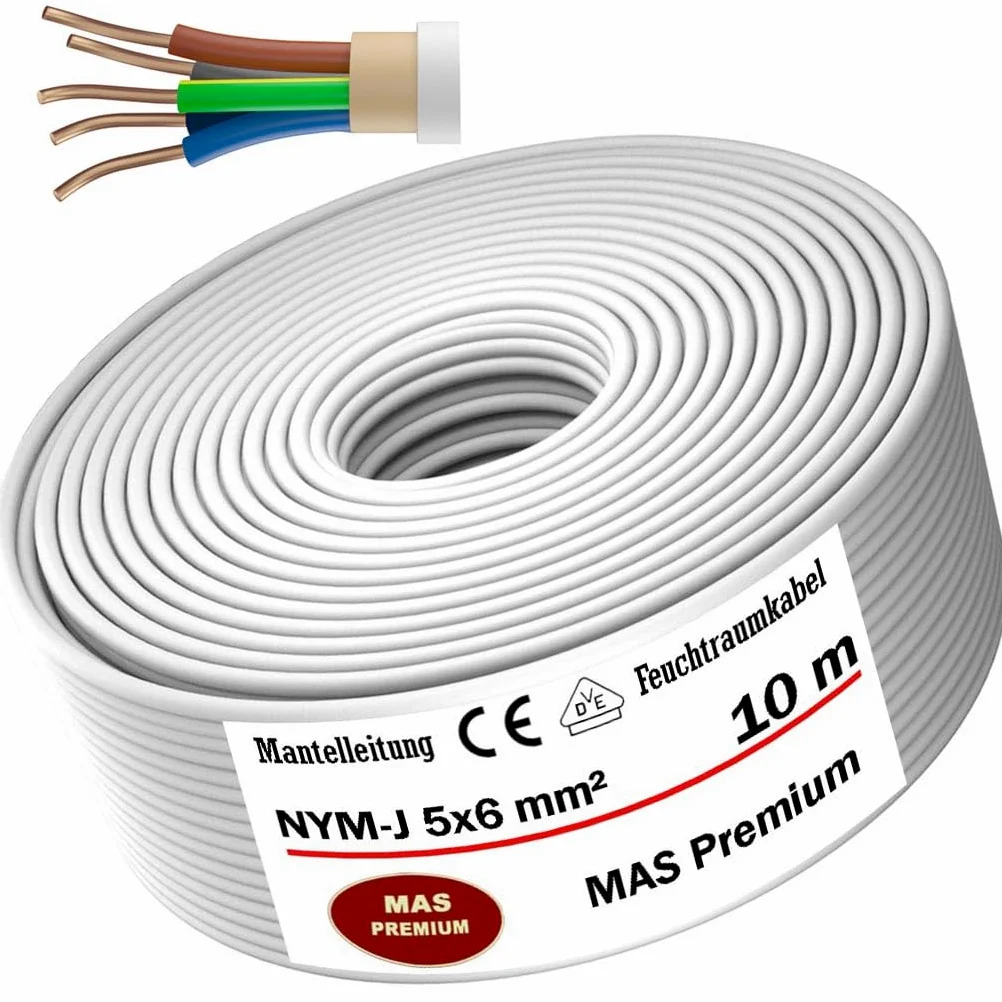 MAS Premium Kabel zasilający do wilgotnych pomieszczeń 5-200 m przewód płaszczowy NYM-J 3 x 1, 5 2,5 4 6 10 lub 5 x 1,5 2,5 4 6 10 16 kabel elektryczny do stałego montażu (NYM-J 5 x 6 mm², 10 m)