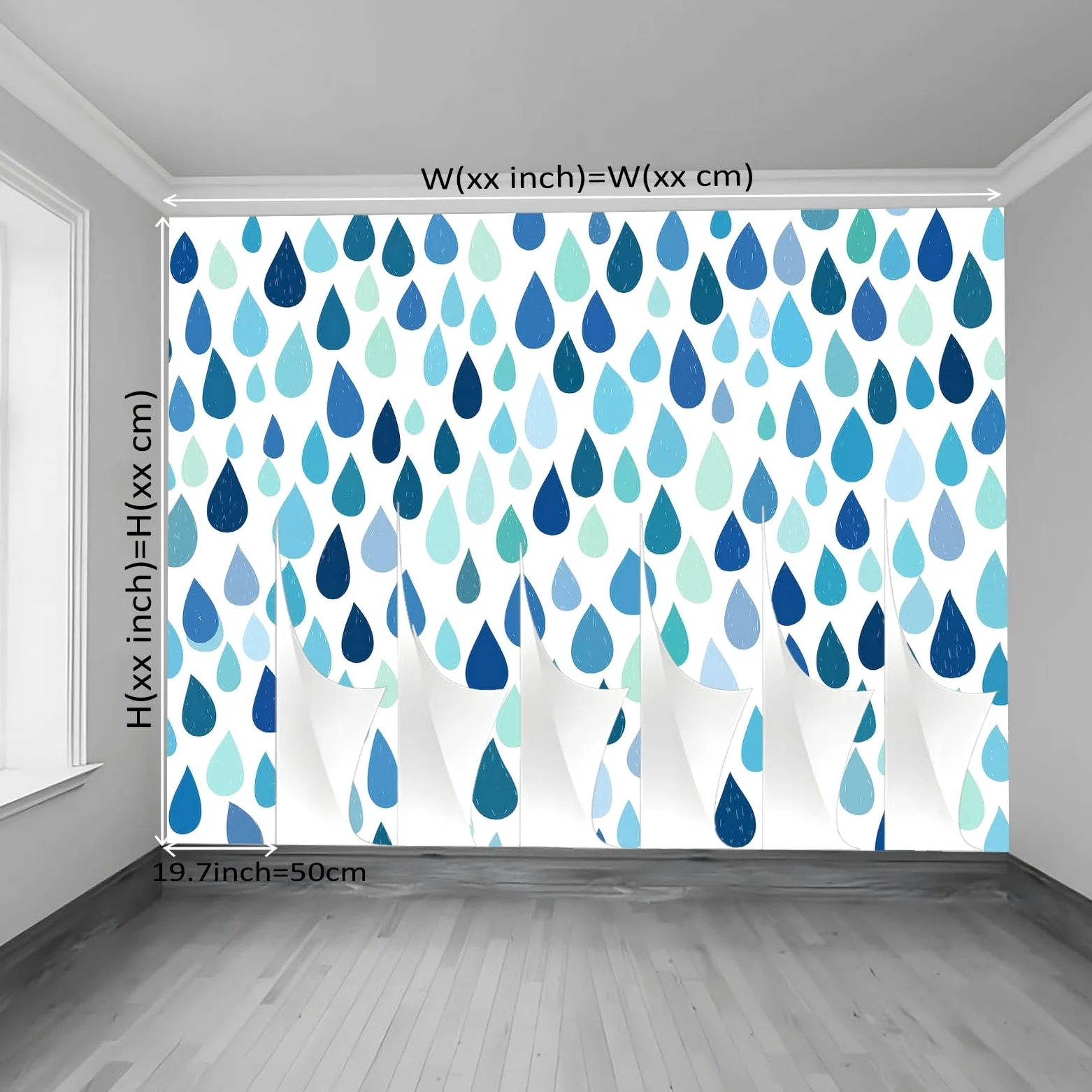 Minimalistyczny geometryczny mural ścienny z włókniny do sypialni, przy łóżku i przedpokoju, ściana akcentująca, 300 x 210 cm, niewklejony efekt 3D, duży plakat z fototapetą, niebieskie krople deszczu