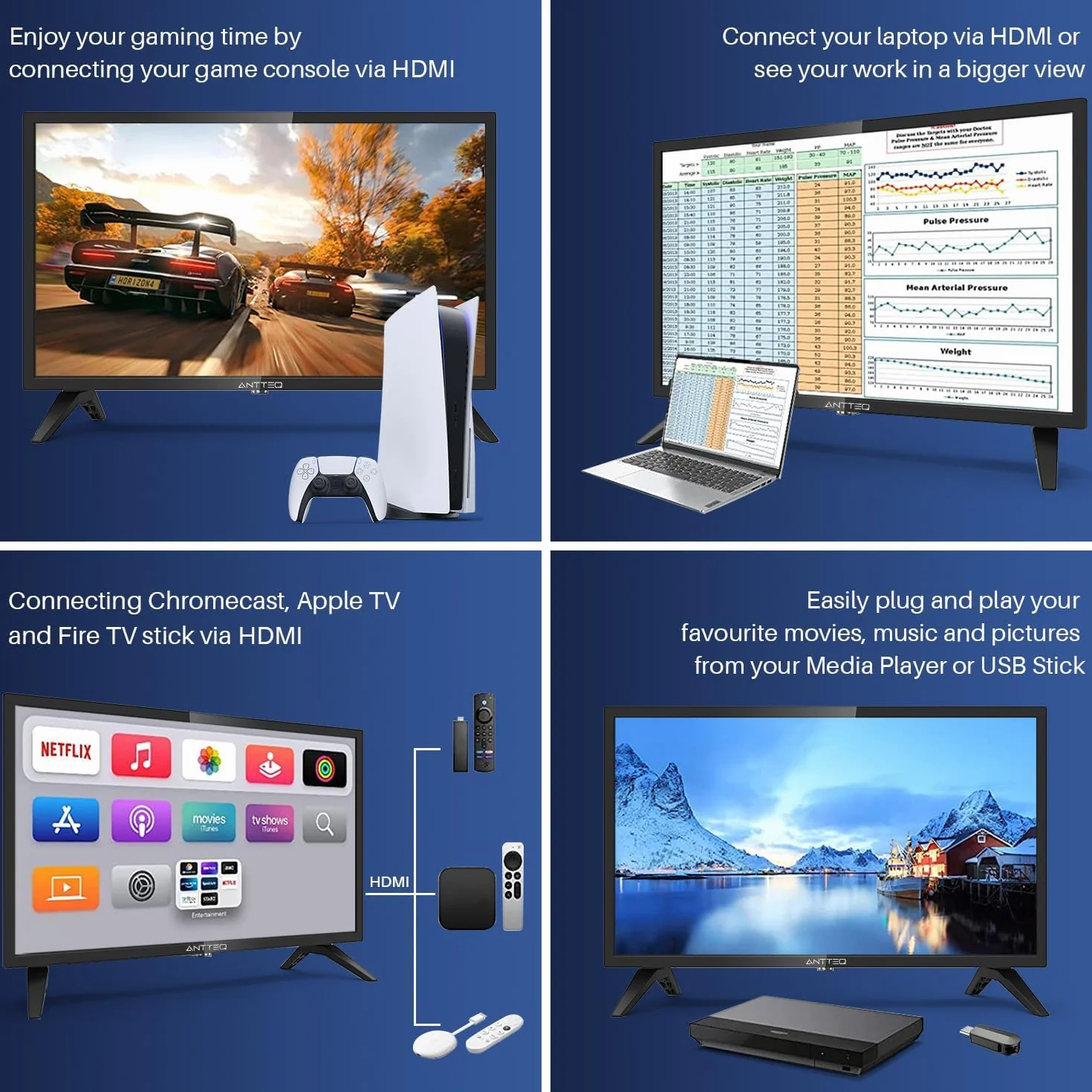 Antteq 42-calowy telewizor FHD AB42D1,107cm, Dolby Audio, LED, potrójny tuner DVB-C/T2/S2, CI+, HDMI, odtwarzacz multimedialny USB, cyfrowe wyjście audio, tryb hotelowy [klasa energetyczna F]