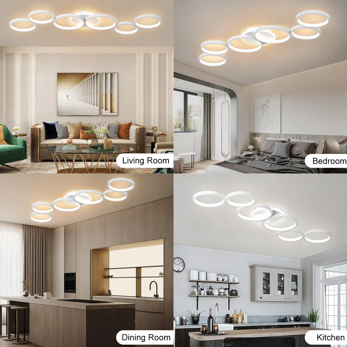 Lampa Sufitowa LED Ściemniana Lampa Sufitowa Biały Światło Salonowe Światło Sypialni Zdalne Sterowanie i Aplikacją, Nowoczesna Oświetlenie Sufitowe Okrągłe 6 Pierścień z Funkcją Pamięci, L113cm/69W