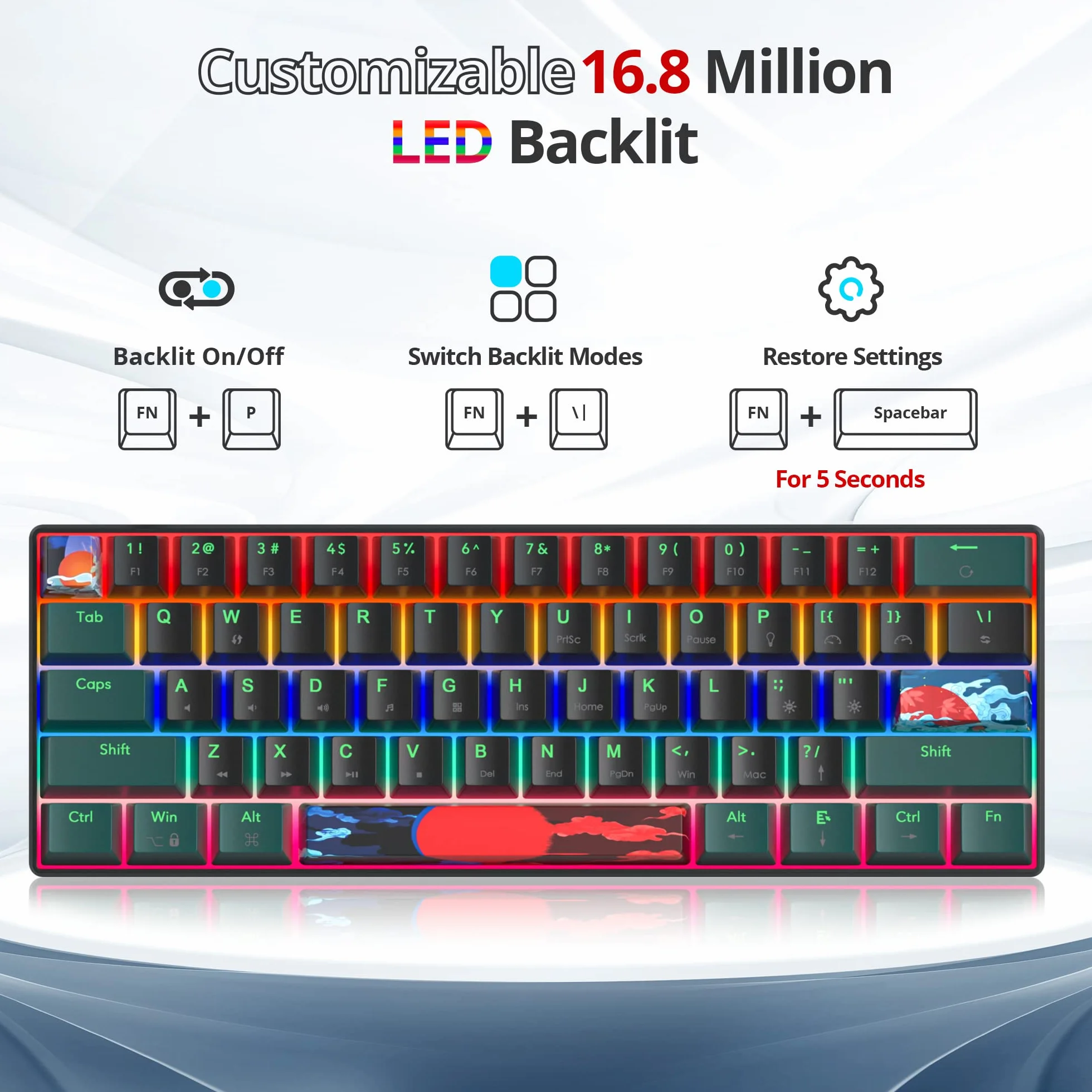 SOLIDEE 60% Mechaniczna klawiatura do gier,61 klawiszy z przełącznikami liniowymi mechaniczna klawiatura z podświetleniem LED,ergonomiczna klawiatura z mieszany oświetleniem(61 Black-Green)