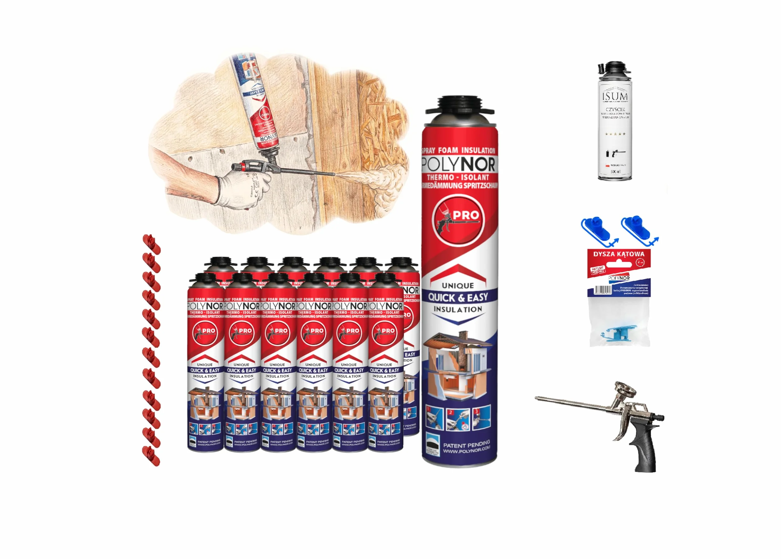 POLYNOR Izolacja Cieplna PUR w Puszce PRO - Pełny Zestaw 28 elementów - 12 Pianek - Pistolet do piany - Natryskowa Izolacja Termiczna - Izolacja Ścian, Dachów, Sufitów, Rur - Aerozol 750 ml