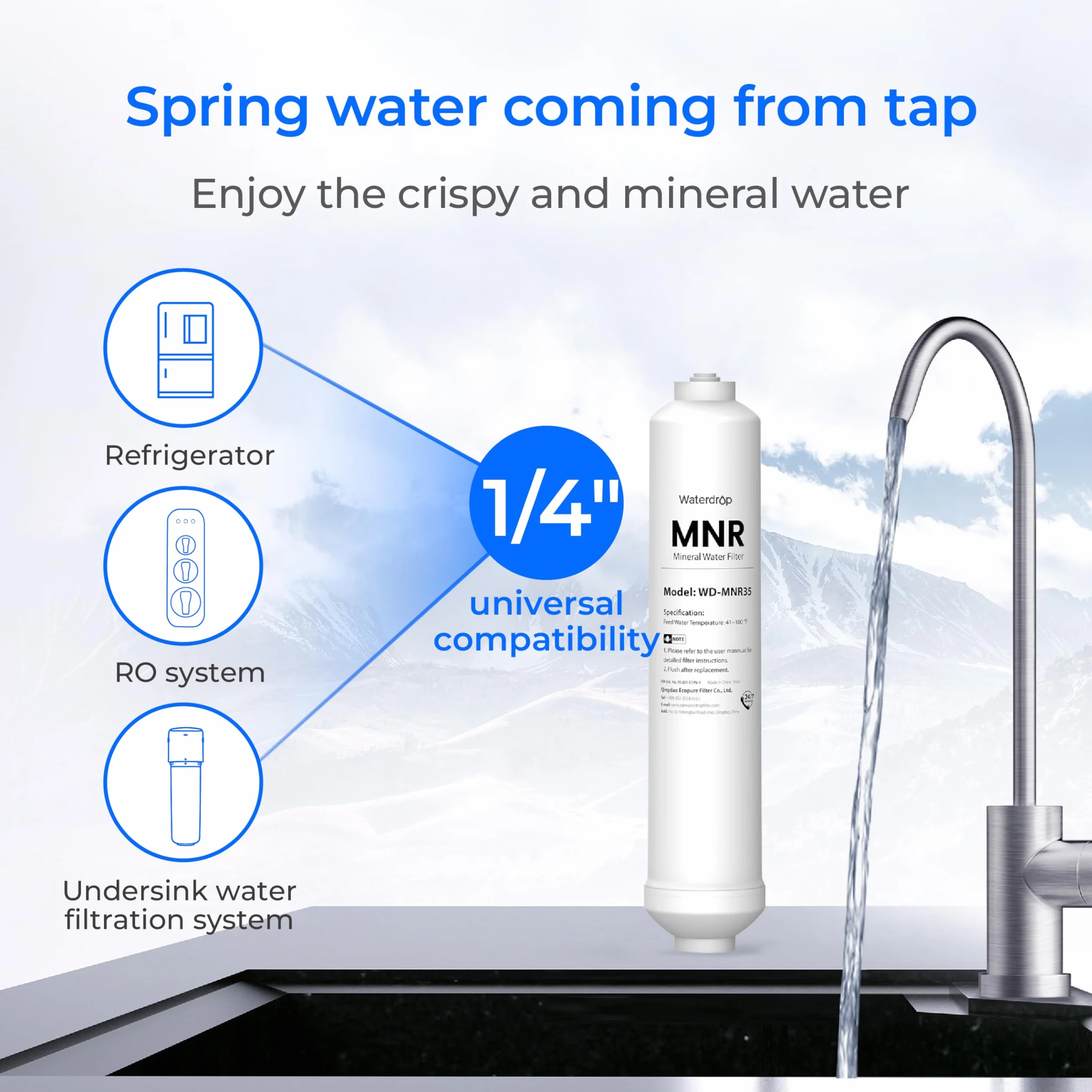 Waterdrop Remineralizacyjny filtr wody inline, filtr końcowy z szybkim złączem 1/4" do systemu filtrów RO odwróconej osmozy, przywraca niezbędne minerały (1)