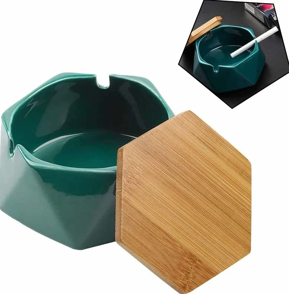LATRAT Ceramiczna popielniczka z pokrywką, wiatroszczelna popielniczka cygara geometryczna prosta ceramiczna popielniczka z sześciokątną drewnianą pokrywką do domu, biura, zielona