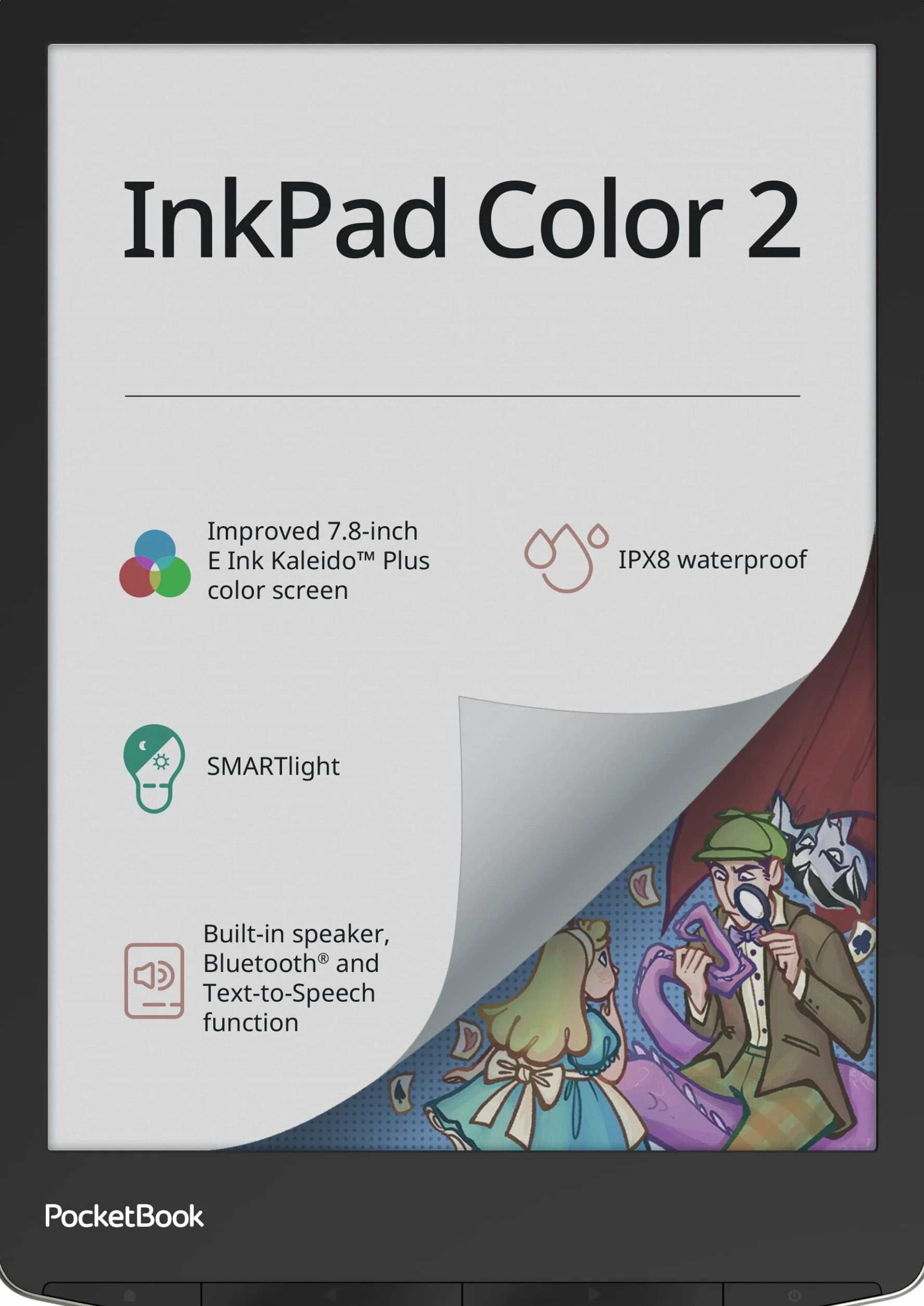 PocketBook Czytnik e-booków 'InkPad Color 2' (wersja niemiecka) 32 GB pamięci, 19,8 cm (7,8 cala) wyświetlacz E-Ink Kaleido, IPX8 – Moon Silver