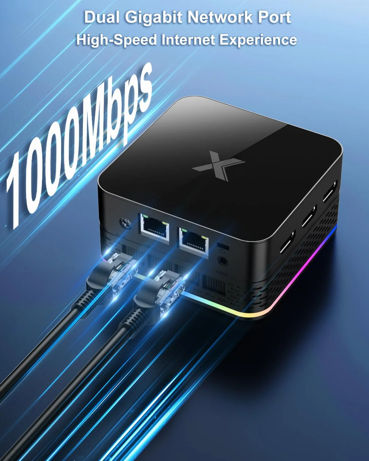 Mini PC 12. Alder Lake N (do 3,4 GHz) 12 GB RAM 512 GB ROM LPDDR5 M.2 SSD, 4K Trzy ekrany Dual RJ45 Gigabit Ethernet, automatyczne włączanie.