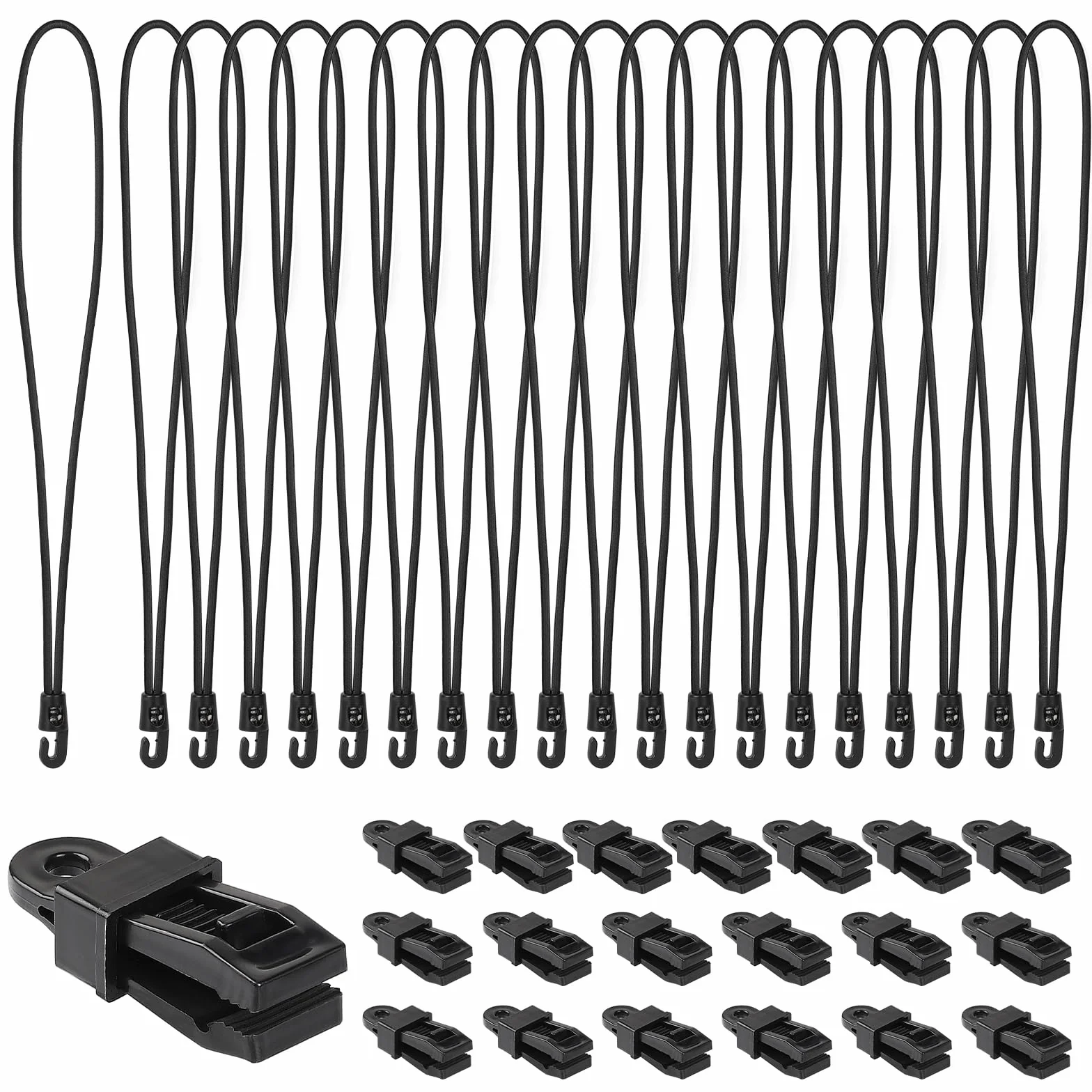 LALAGO 20 sztuk gumek napinających z hakami + klipsy do plandek, ekspandery z hakami 35 cm, napinacze plandeki z klipsami do plandeki, czarne, do gumek namiotowych, plandek, siatek, banerów, na