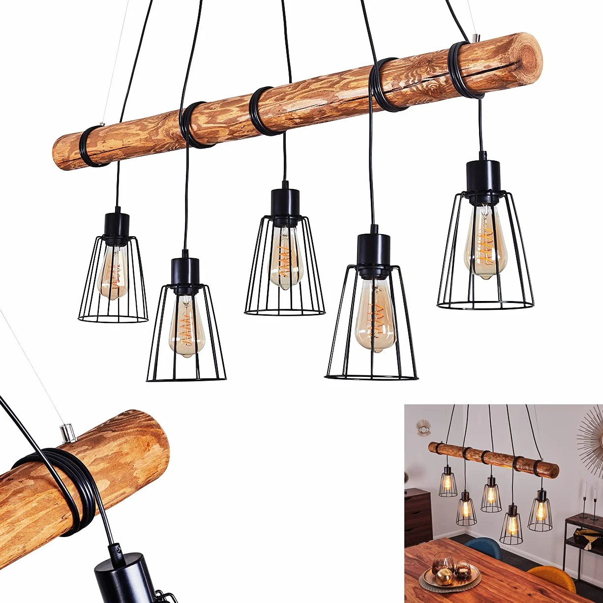 Lampa wisząca Canedo, 5-lampowa lampa wisząca z metalu/drewna w kolorze czarnym/brązowym w stylu skandynawskim, lampa wisząca z drewnianym prętem i kloszami w kształcie kraty, 5 x E27, bez żarówek