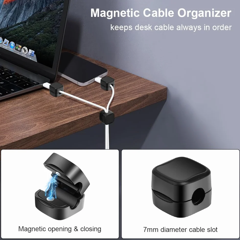 Magnetyczny organizer na kable biurko, samoprzylepny uchwyt na drut, magnetyczny organizer do domowego biura, 6 szt., czarny