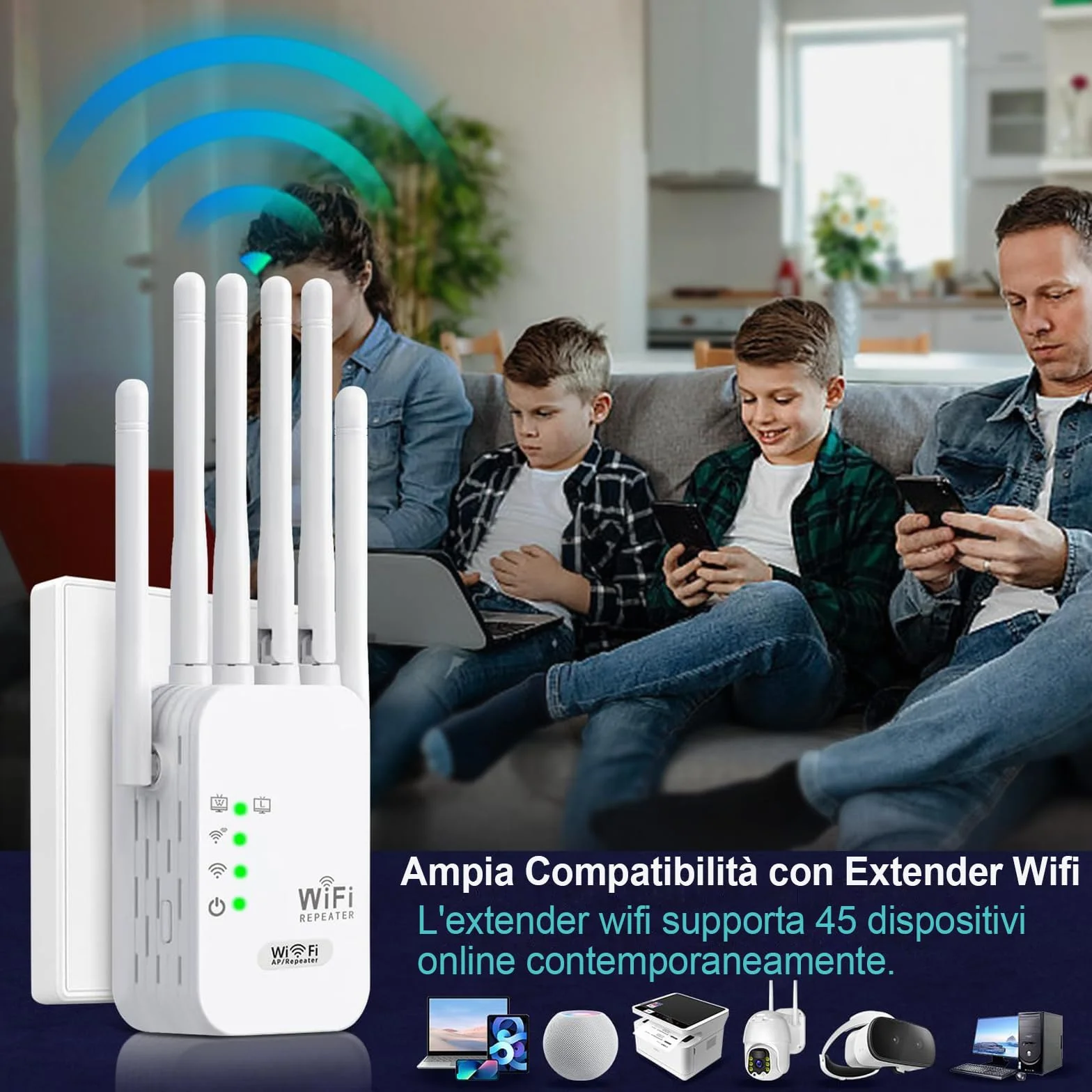 Wzmacniacz sygnału WiFi 1200 Mb/s 6 anten przedłużacz zasięgu 1000 m² 2 porty LAN 3 tryby repeater router AP
