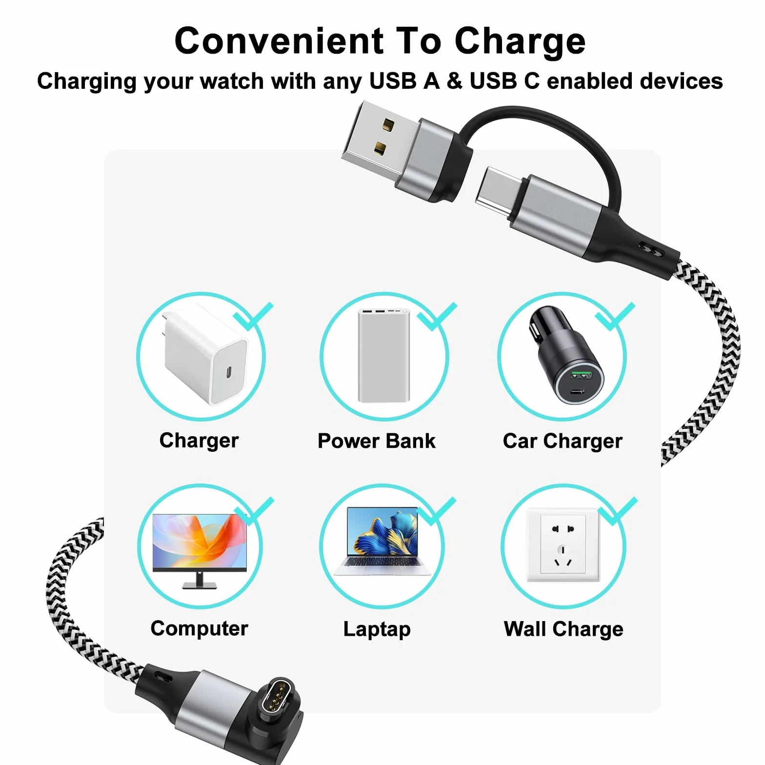 Adapter USB C do zegarka Garmin, kabel ładujący do Fenix 8 E 7 7X 7S Sapphire Solar, Forerunner 970 965 955 570 265 255 165 55 45, Vivoactive 6 5 4 Czarny/Biały