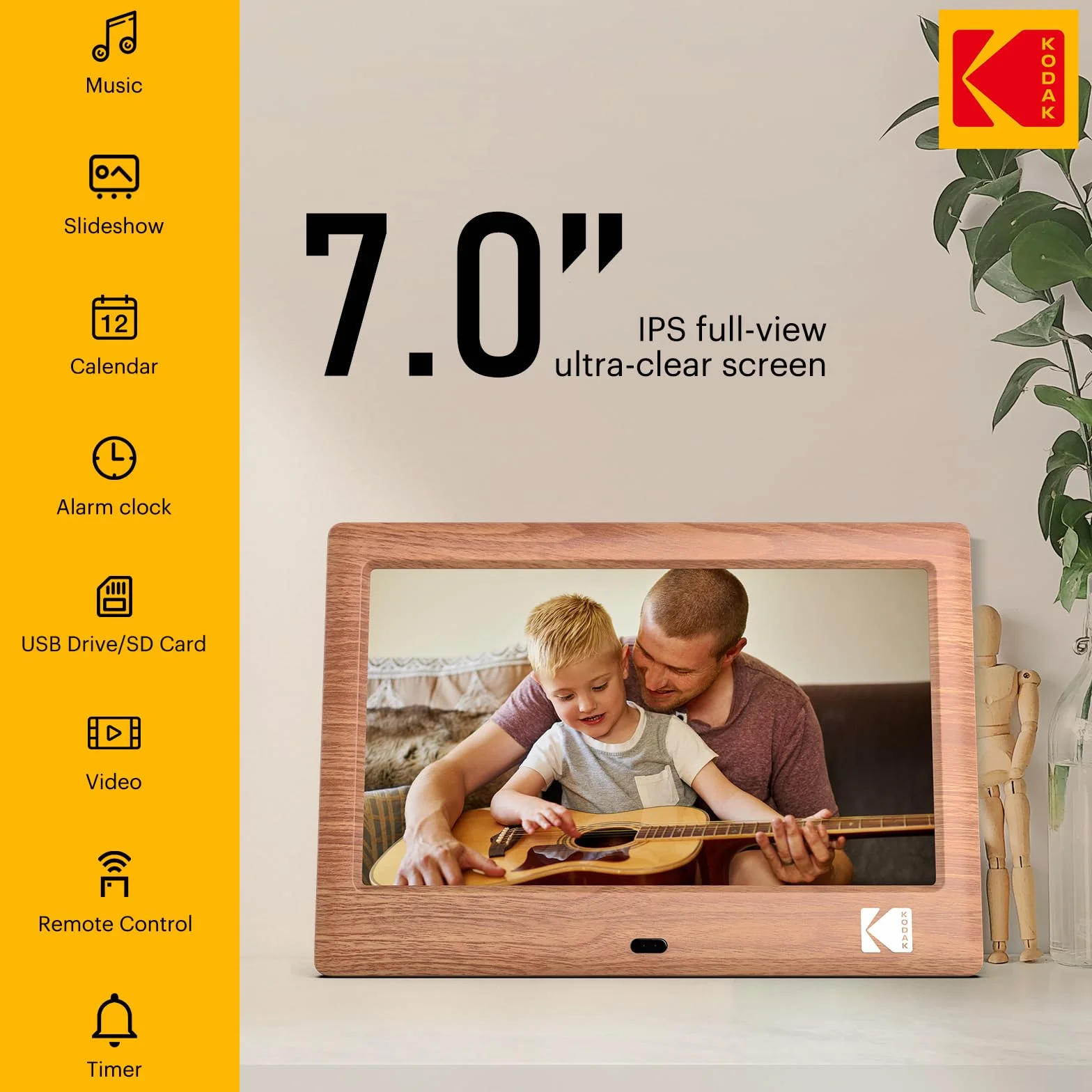 KODAK, cyfrowa ramka na zdjęcia 7", elektroniczna ramka na zdjęcia, ekran IPS, odtwarzacz zdjęć, muzyki, wideo, kalendarz, alarm, obsługa USB lub karty SD, automatycznie obracana, z pilotem zdalnego