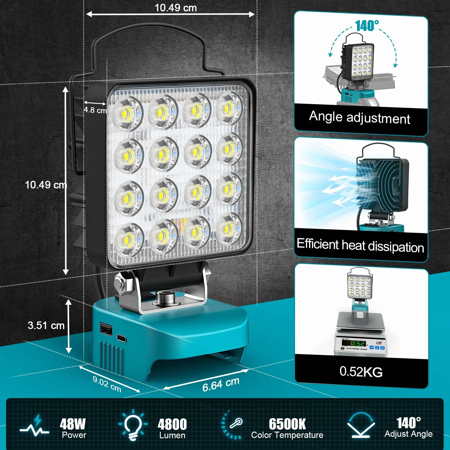 48W Akumulatorowa Lampa LED do Ma-kita 18V - LIVOWALNY 4800LM Ulepszony Podwójny Przełącznik Lampa Bezprzewodowa Reflektor z USB i Typem C na Kemping, Wędrówki Piesze, w Nagłych Wypadkach