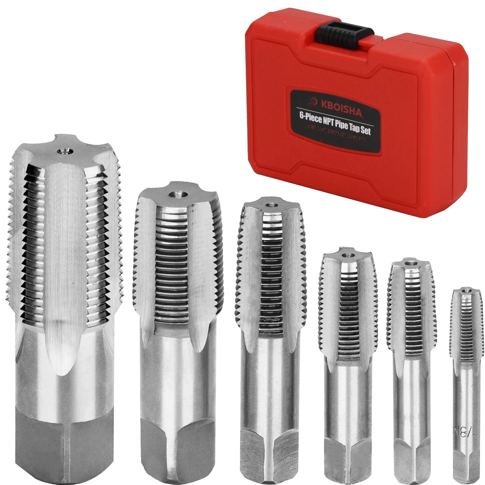 KBOISHA NPT gwintownik ze stali węglowej do gwintów NPT, 6 sztuk, rozmiary 1/8", 1/4", 3/8", 1/2", 3/4" i 2,5 cm