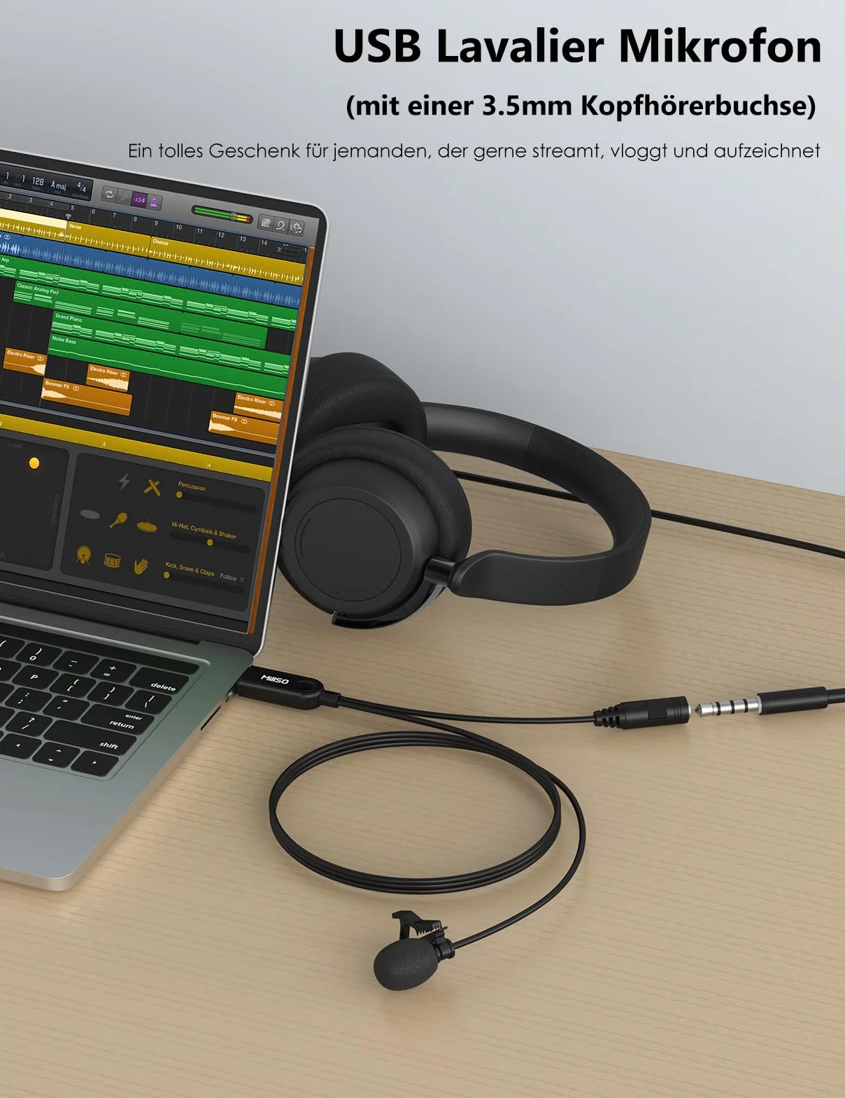 MillSO Mikrofon krawatowy USB z gniazdem 3,5 mm do monitorowania Wielokierunkowy mikrofon USB Clip-On Mini kompatybilny z laptopami, komputerami stacjonarnymi, podcastami, Skypem i śpiewaniem