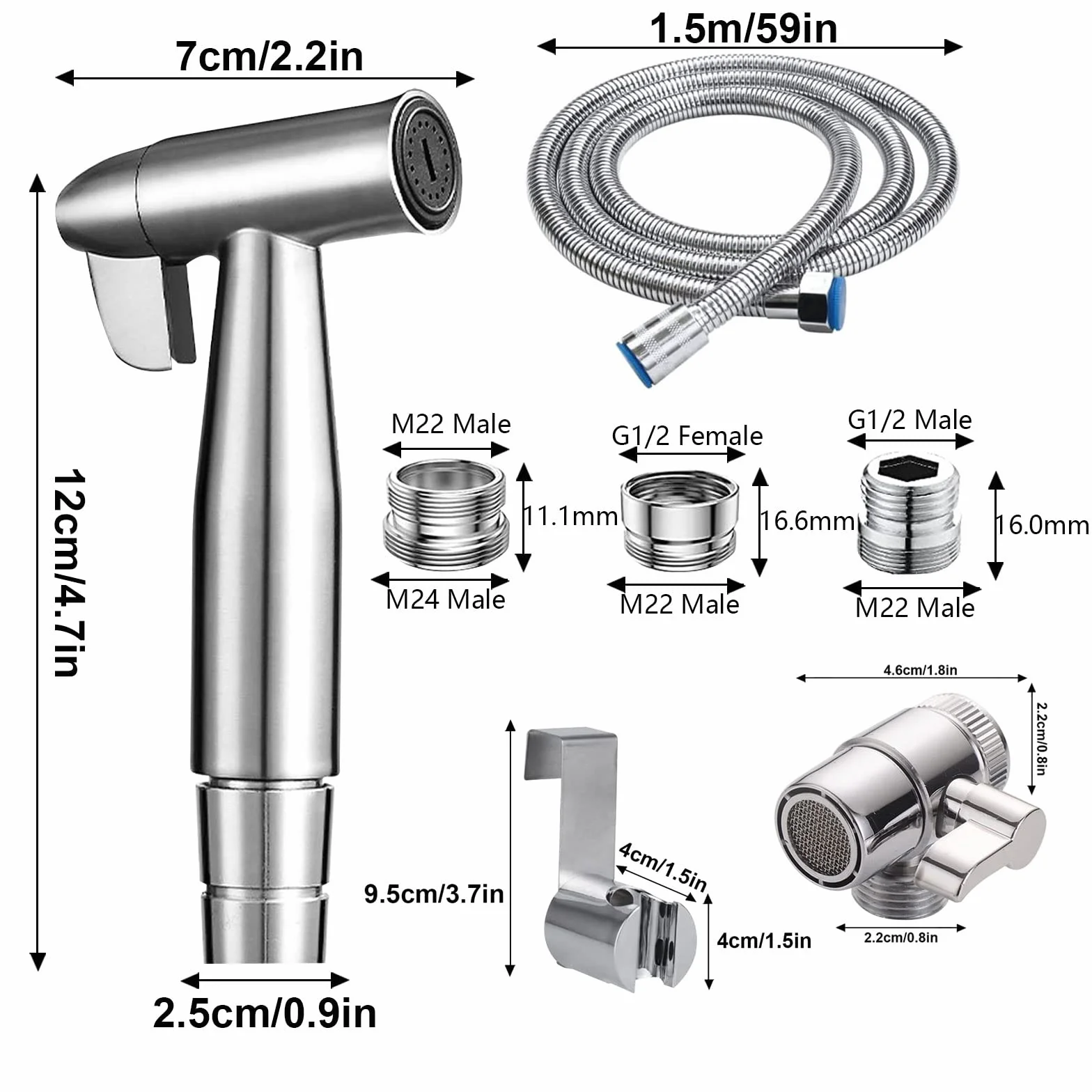 Bidet prysznicowy ze stali nierdzewnej, muzułmański prysznic ze stali nierdzewnej, zestaw natryskowy do pieluszek dla niemowląt, z dozownikiem kranu, wężem i hakiem ściennym lub uchwytem
