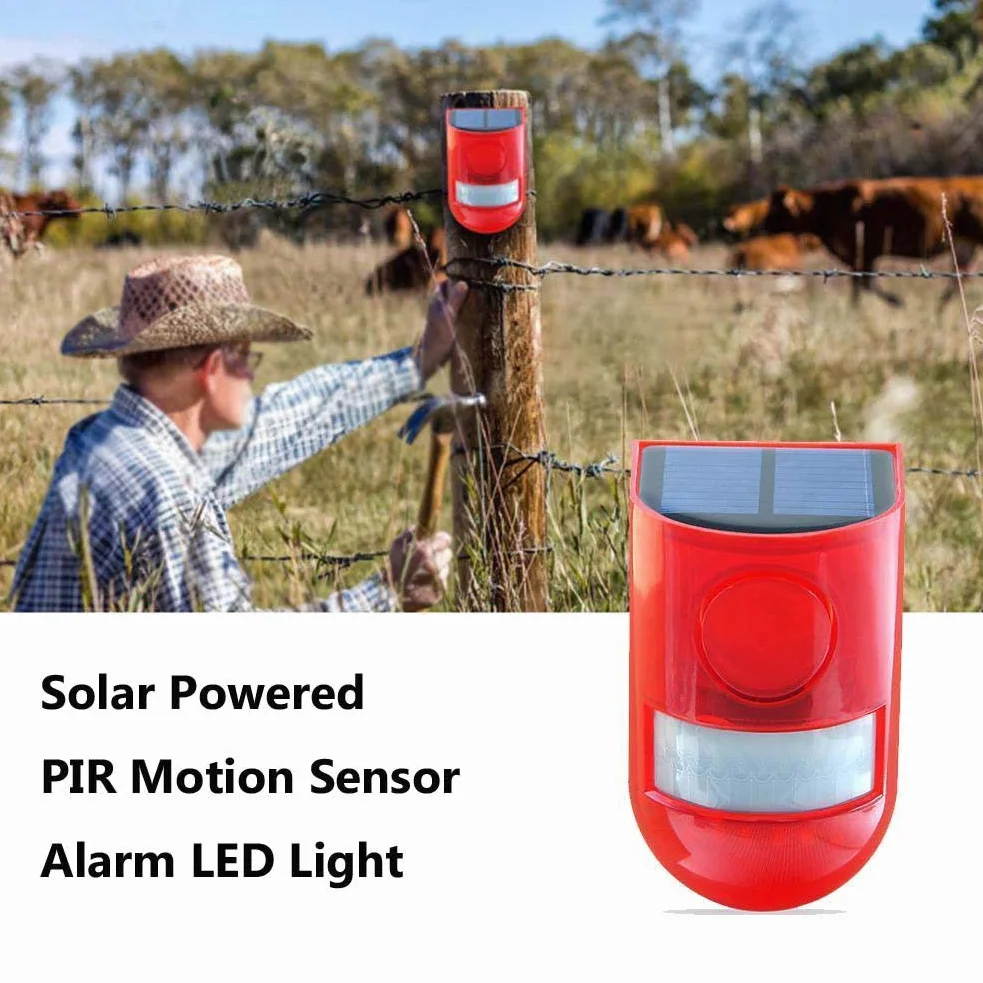 Solarny alarm bezpieczeństwa IP65, wodoodporny czujnik ruchu LED, migająca lampa, 110 dB, głośna syrena, system alarmowy do domu, gospodarstwa, sklepu, ogrodu, willi (2 szt.)