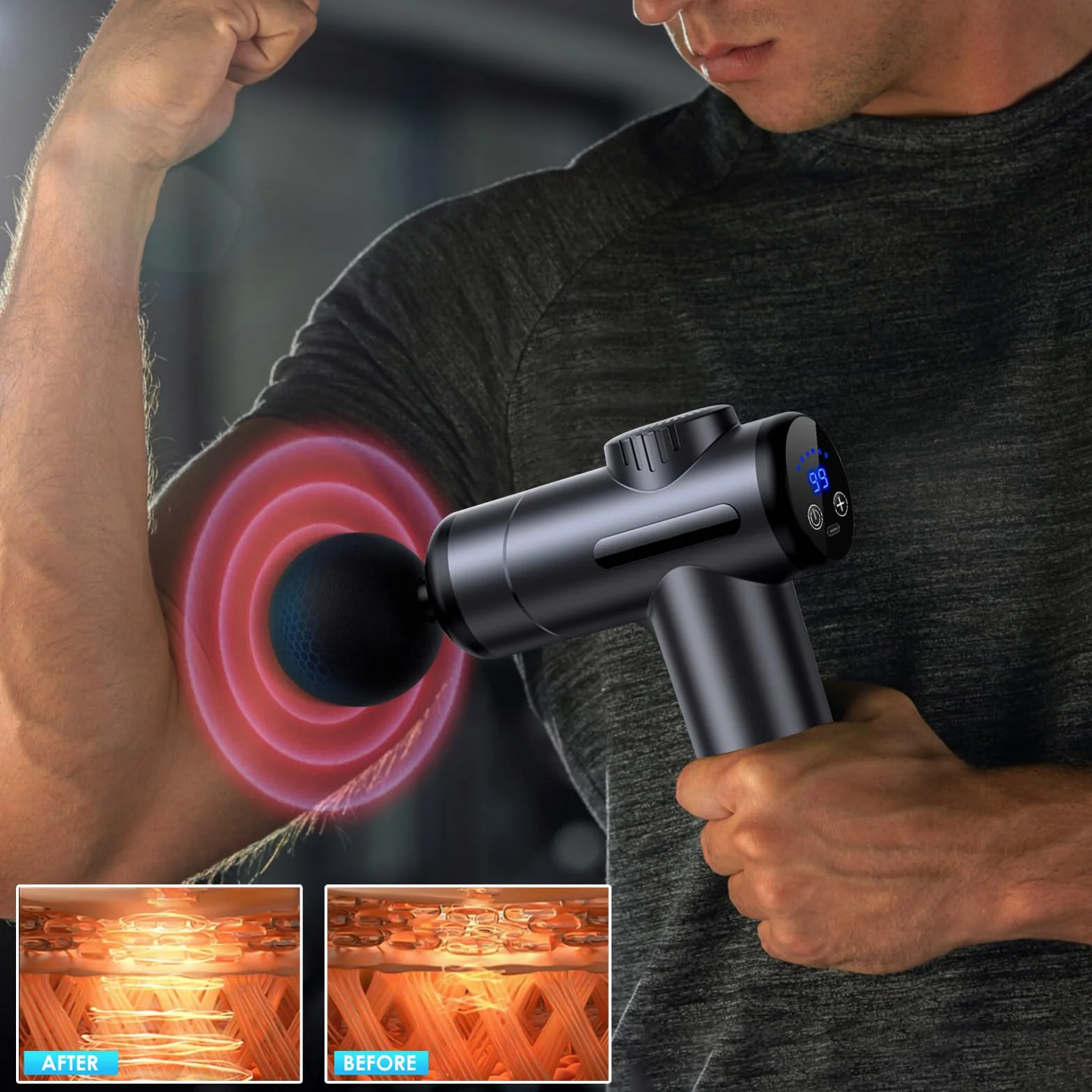 Pistolet do Masżu Mięśni z 99 Regulowanymi Prędkościami, 8 Głowicami, Ekranem LCD i Ładowaniem USB, Lekki i Przenośny, do Ćwiczeń i Łagodzenia Bólu Mięśni