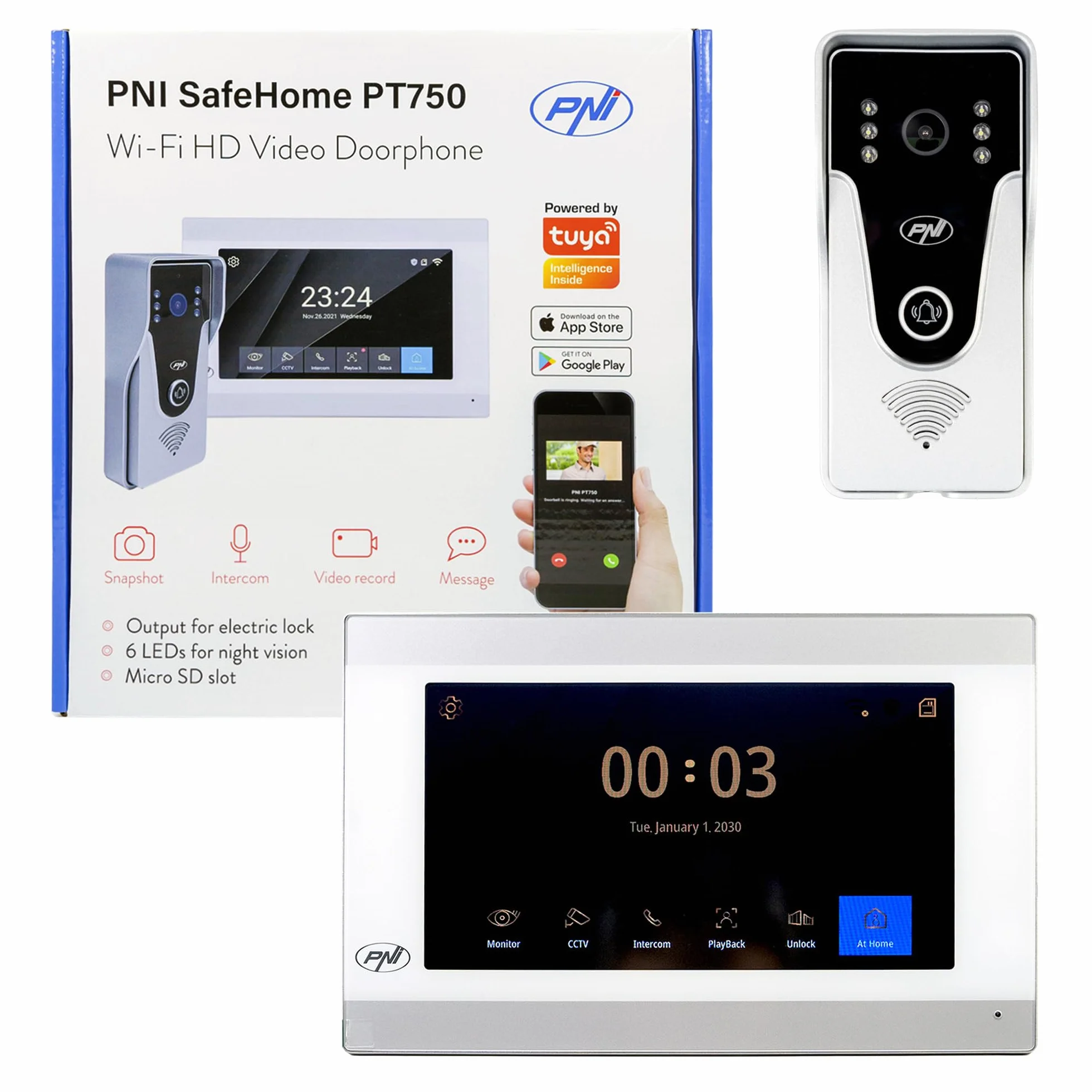 Inteligentny wideodomofon PNI SafeHome PT750 WiFi HD, P2P, monitor wewnętrzny, dedykowana aplikacja Tuya Smart, integracja w scenariuszach i inteligentne automatyzacje z innymi kompatybilnymi