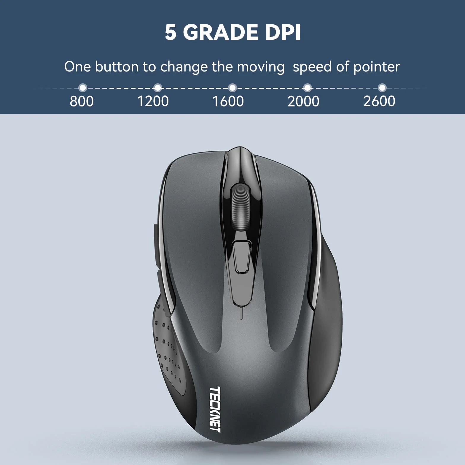 TECKNET Mysz Bezprzewodowa z 6 Przyciskami 2.4G, Ergonomiczna Mysz Optyczna z Nanoodbiornikiem, 24-miesięczna Żywotność Baterii, 5 Poziomów Regulacji DPI (Szary)