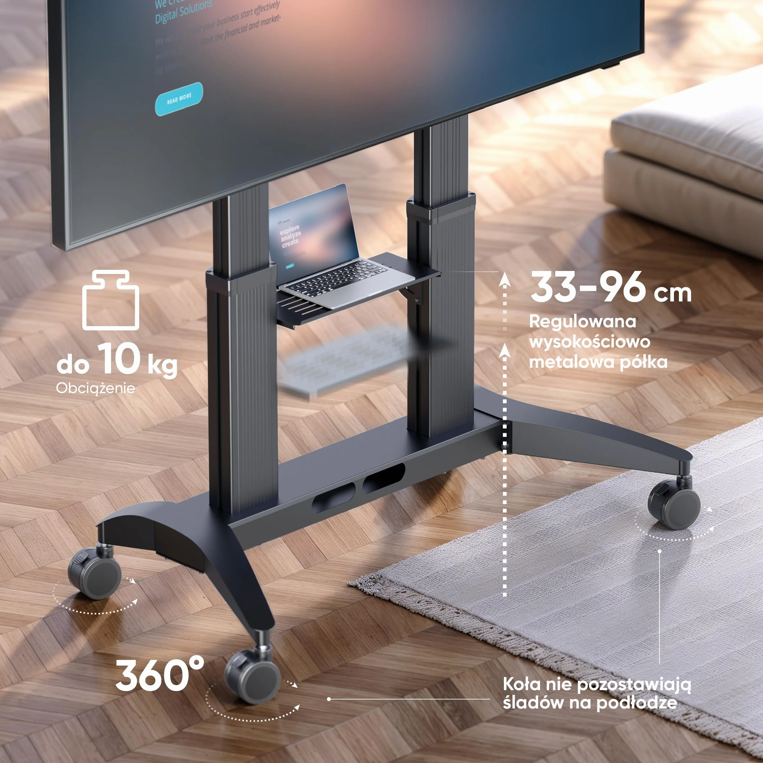 ONKRON Mobilny Stojak TV 32-75 cali, Nośność 60 kg, VESA 200x200-600x400, Regulacja Wysokości, Półka AV, Czarny