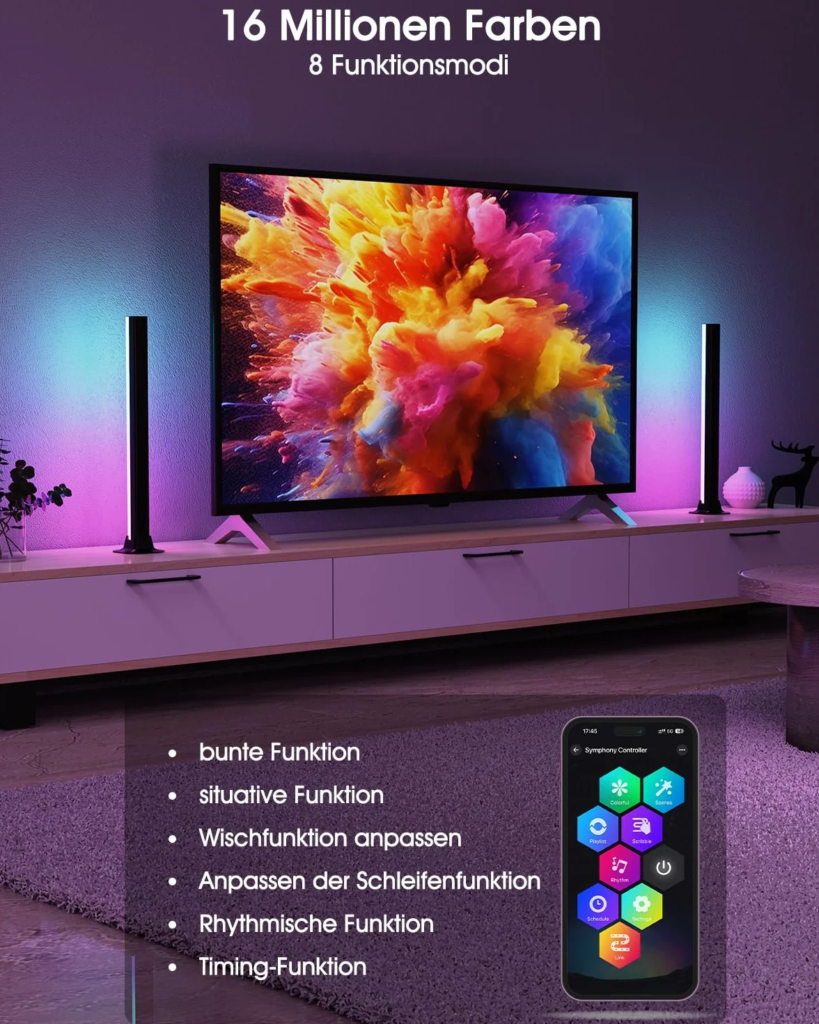 Lampa LED RGB [2 sztuki], lampa gamingowa z podświetleniem tła TV, zasilana przez USB, 42 cm, synchronizacja z muzyką, sterowanie za pomocą aplikacji, lampa otoczenia z pilotem zdalnego sterowania, do