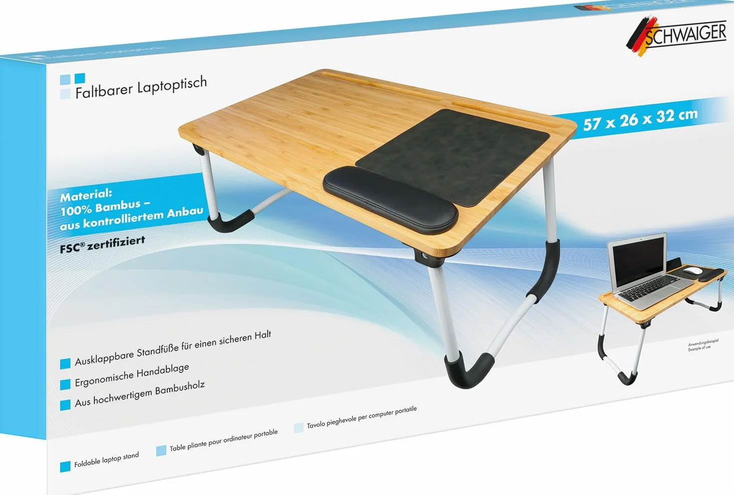 SCHWAIGER Bambusowy stojak na laptopa z podkładką pod mysz i poduszką składaną